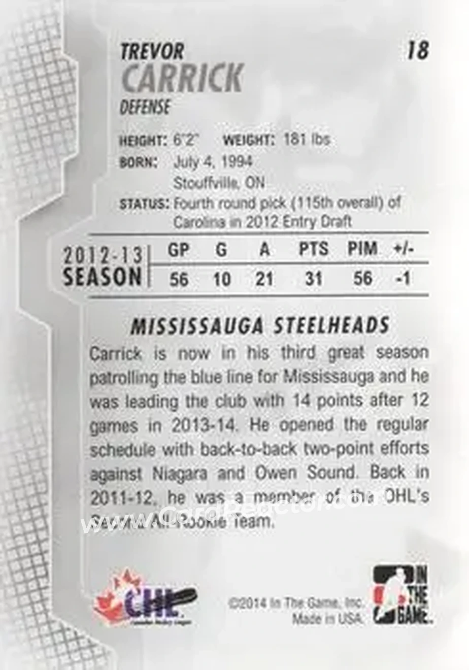2013-14 In The Game Heroes and Prospects #18 - Trevor Carrick - Mississauga Steelheads - Back