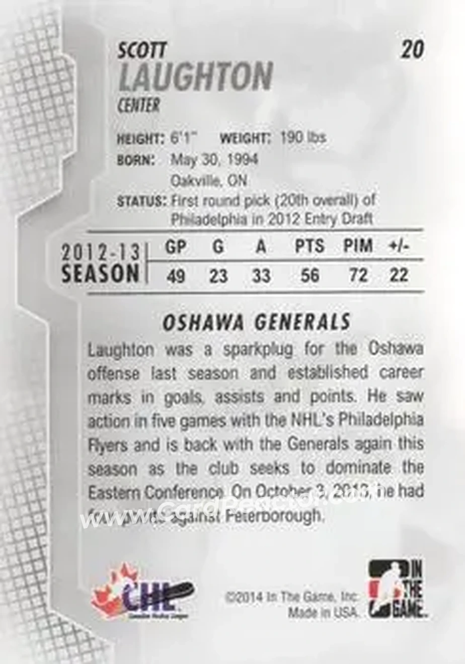 2013-14 In The Game Heroes and Prospects #20 - Scott Laughton - Oshawa Generals - Back
