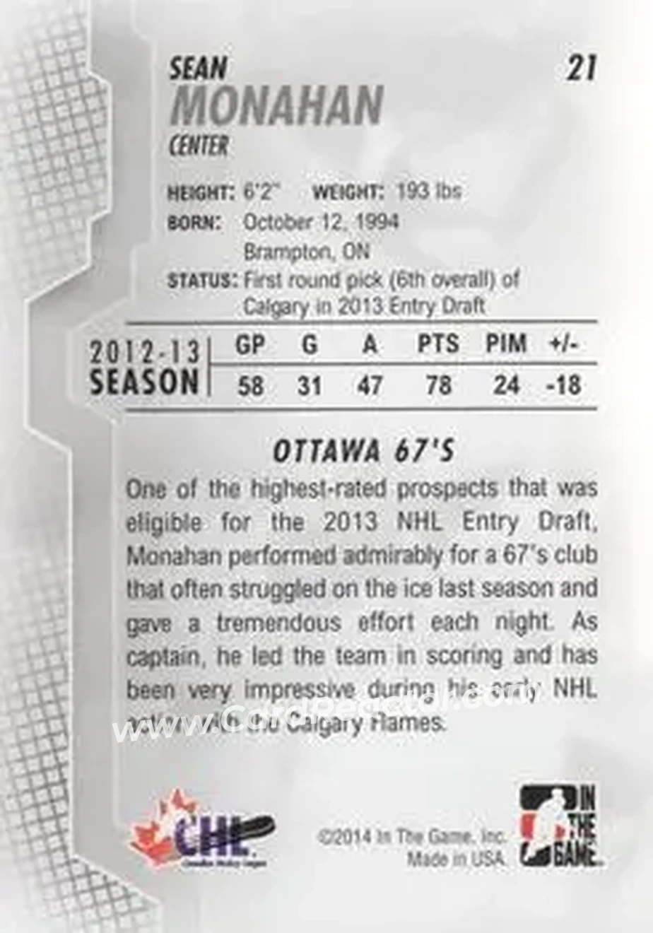 2013-14 In The Game Heroes and Prospects #21 - Sean Monahan - Ottawa 67's - Back