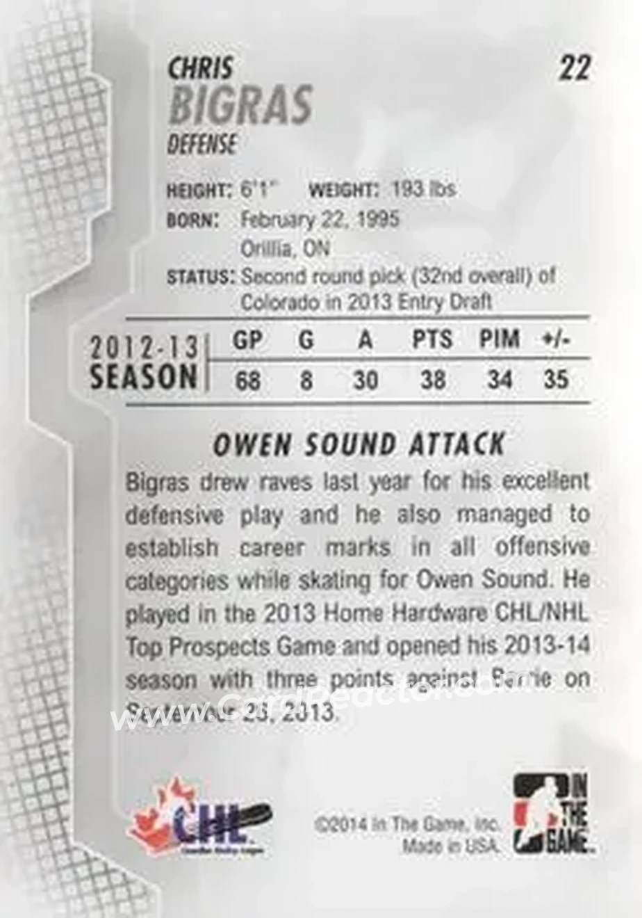 2013-14 In The Game Heroes and Prospects #22 - Chris Bigras - Owen Sound Attack - Back