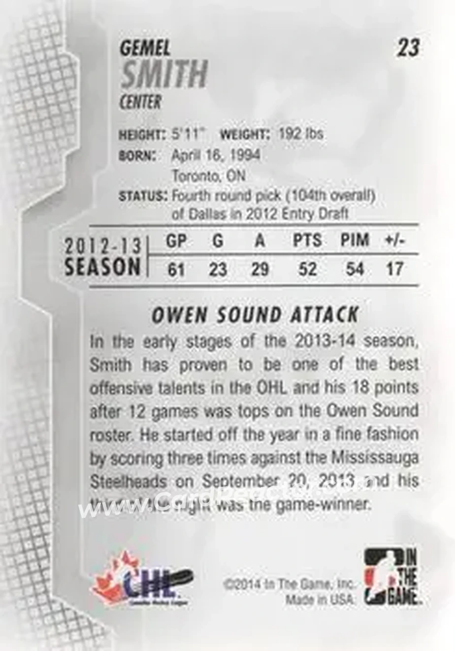 2013-14 In The Game Heroes and Prospects #23 - Gemel Smith - Owen Sound Attack - Back