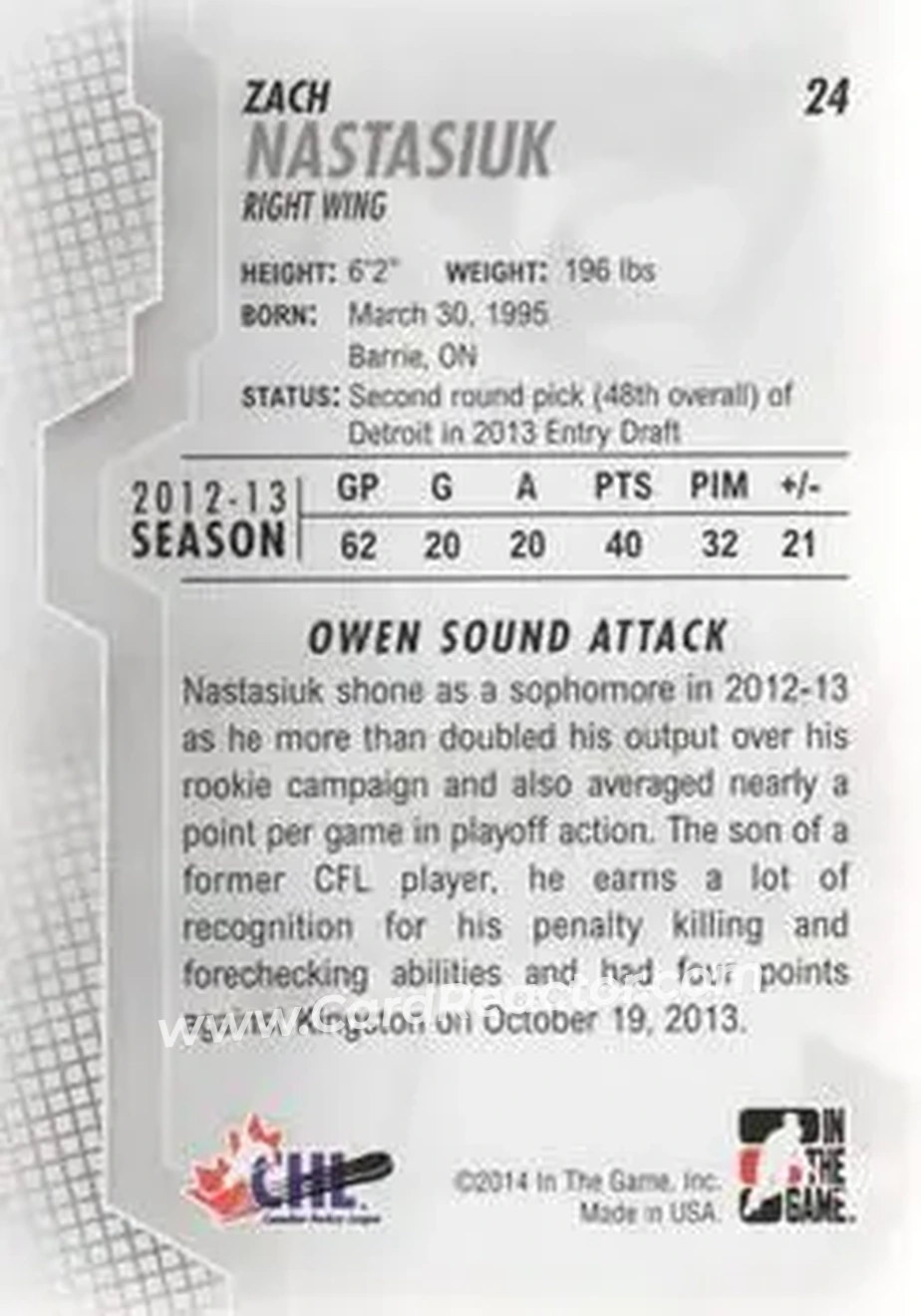 2013-14 In The Game Heroes and Prospects #24 - Zach Nastasiuk - Owen Sound Attack - Back