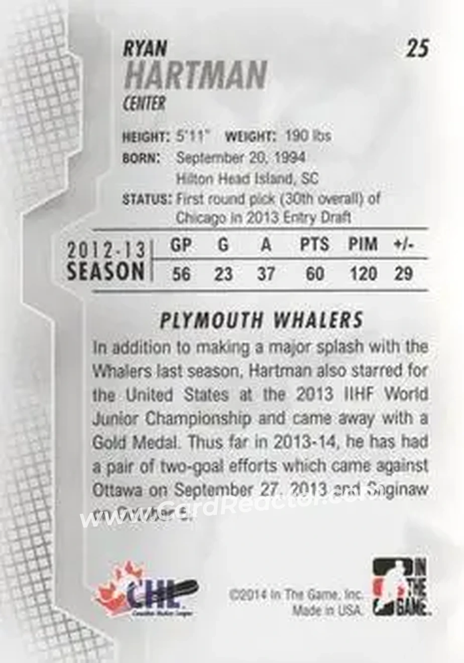 2013-14 In The Game Heroes and Prospects #25 - Ryan Hartman - Plymouth Whalers - Back