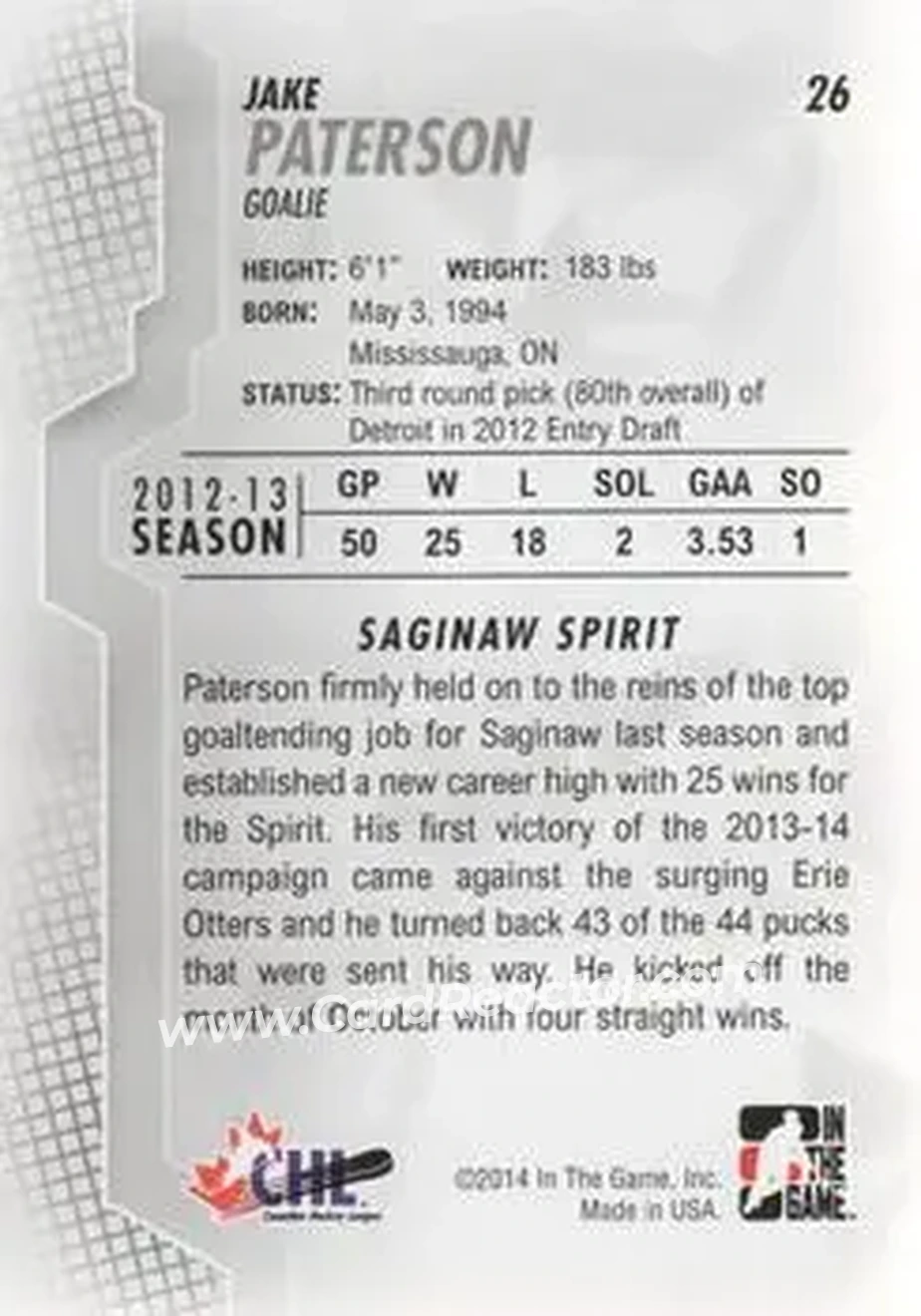 2013-14 In The Game Heroes and Prospects #26 - Jake Paterson - Saginaw Spirit - Back
