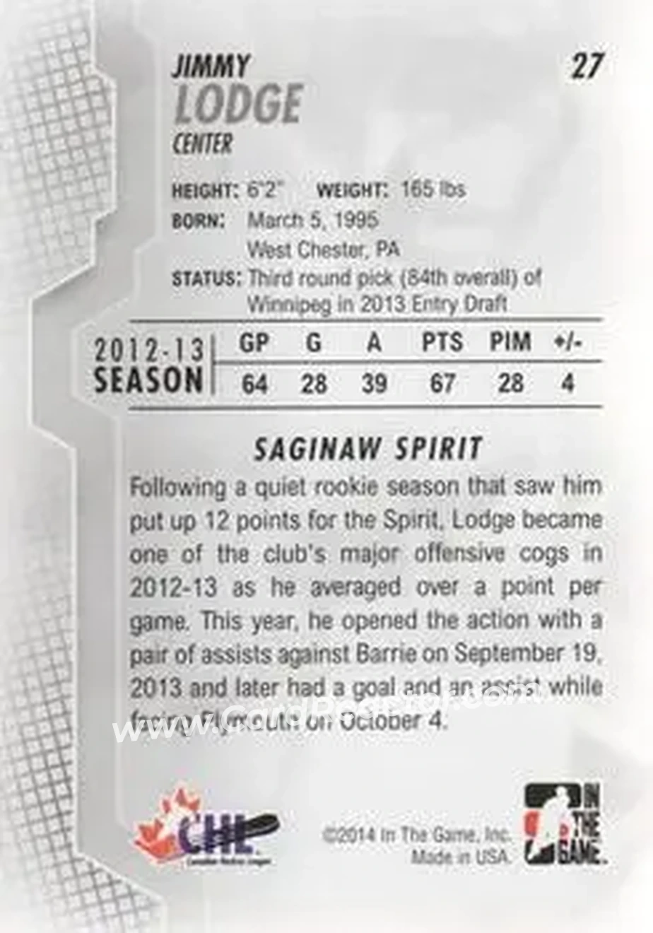 2013-14 In The Game Heroes and Prospects #27 - Jimmy Lodge - Saginaw Spirit - Back