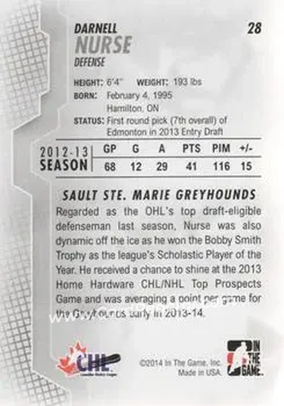 2013-14 In The Game Heroes and Prospects #28 - Darnell Nurse - Sault Ste. Marie Greyhounds - Back