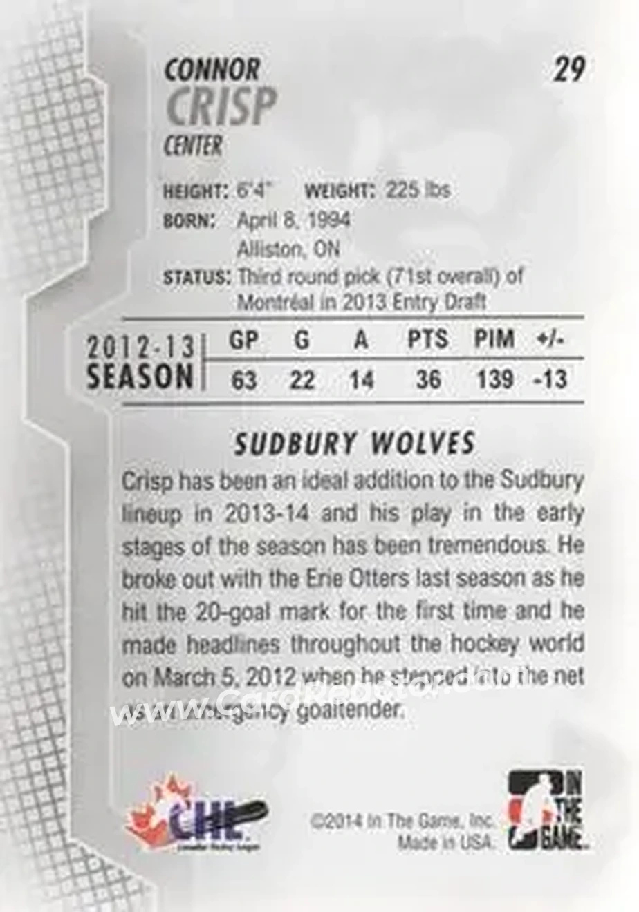 2013-14 In The Game Heroes and Prospects #29 - Connor Crisp - Sudbury Wolves - Back