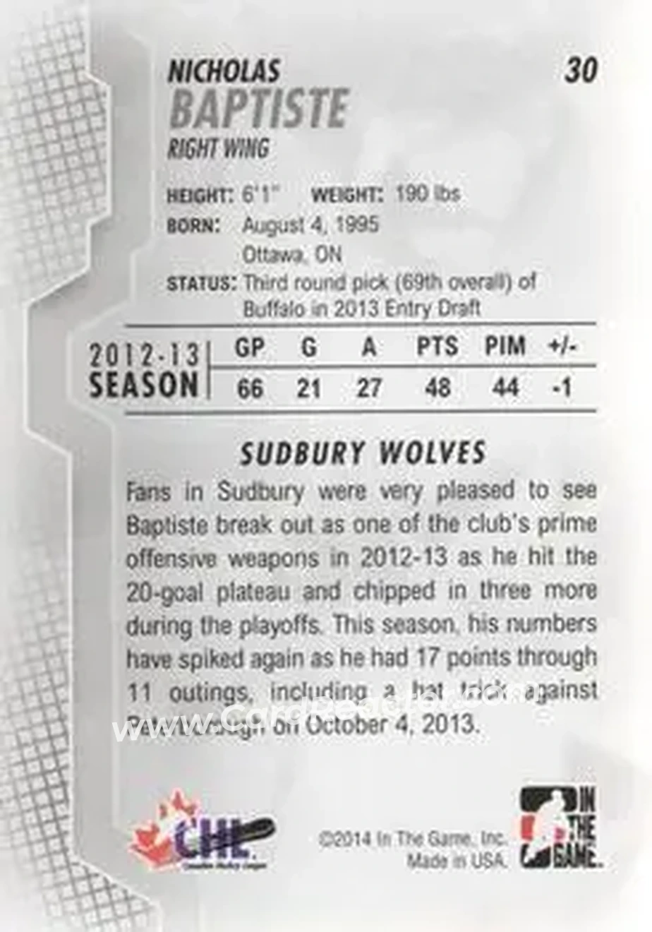 2013-14 In The Game Heroes and Prospects #30 - Nicholas Baptiste - Sudbury Wolves - Back