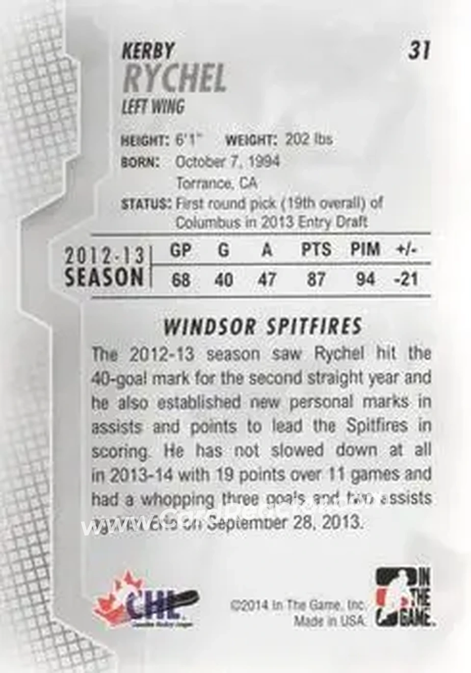 2013-14 In The Game Heroes and Prospects #31 - Kerby Rychel - Windsor Spitfires - Back