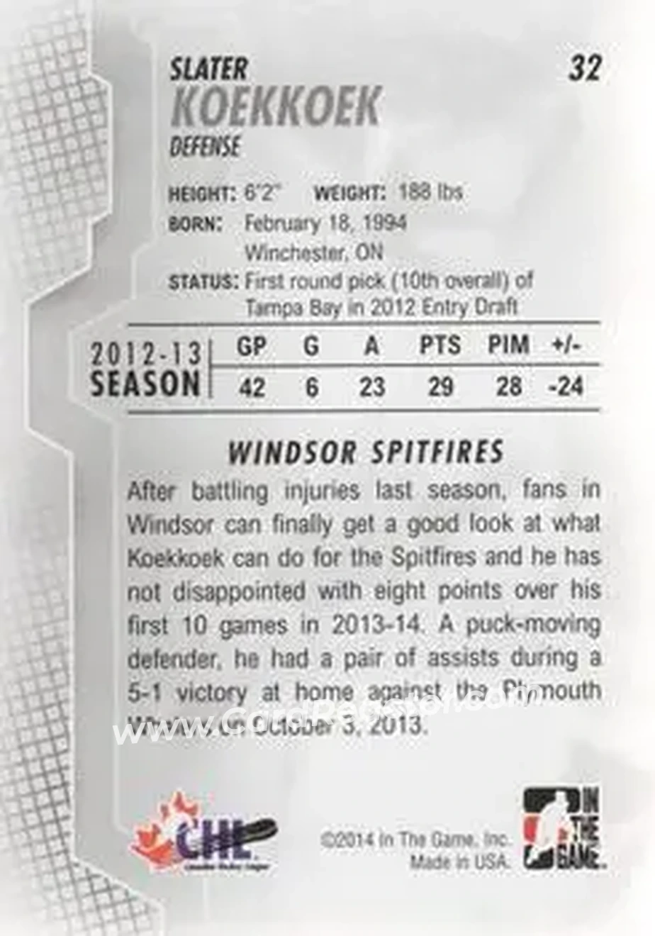 2013-14 In The Game Heroes and Prospects #32 - Slater Koekkoek - Windsor Spitfires - Back