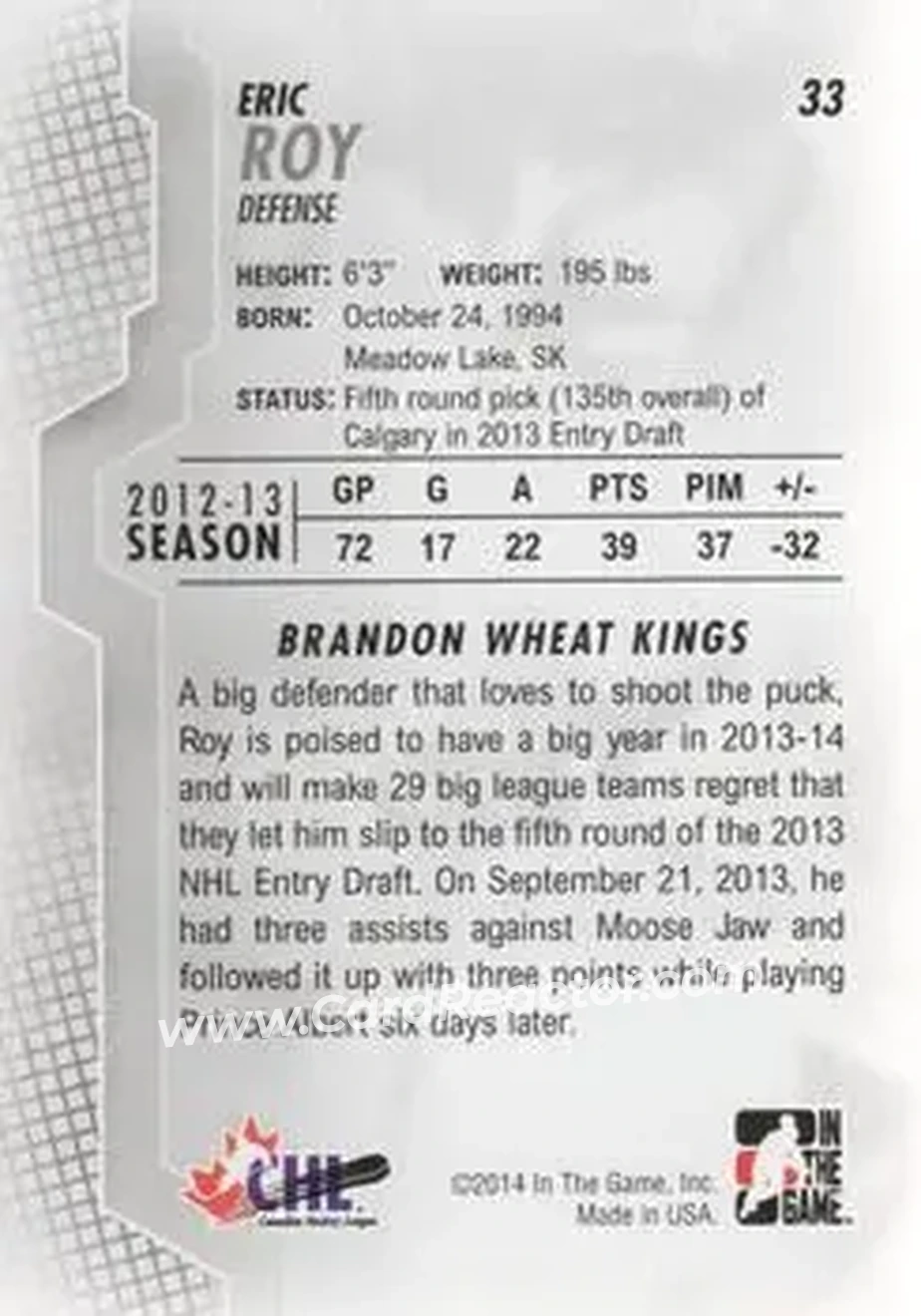 2013-14 In The Game Heroes and Prospects #33 - Eric Roy - Brandon Wheat Kings - Back