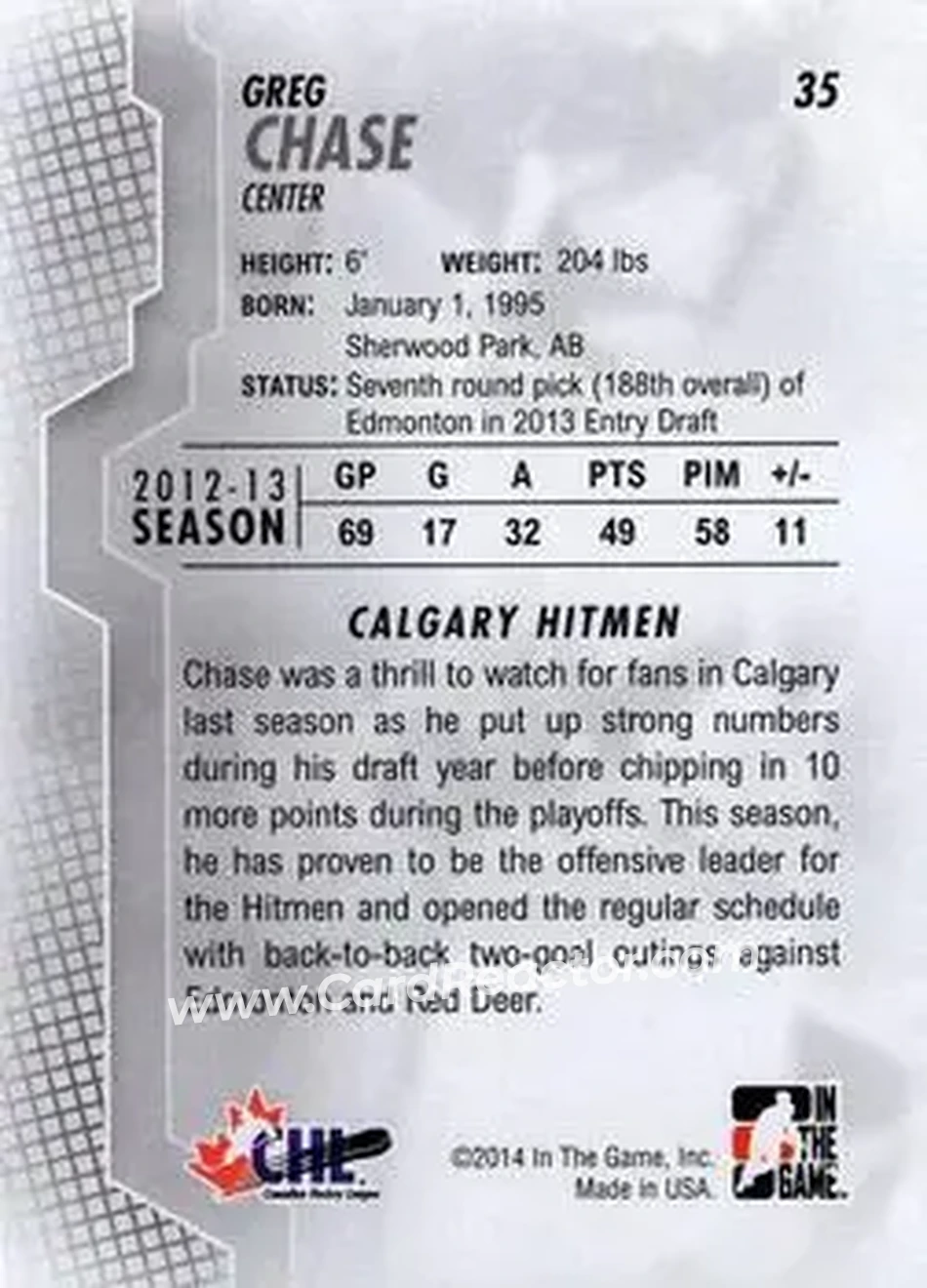 2013-14 In The Game Heroes and Prospects #35 - Greg Chase - Calgary Hitmen - Back