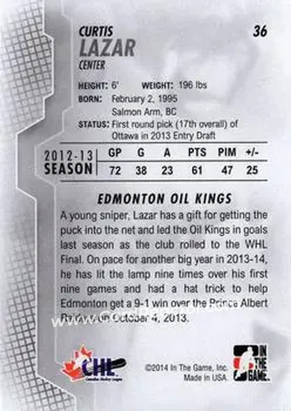 2013-14 In The Game Heroes and Prospects #36 - Curtis Lazar - Edmonton Oil Kings - Back