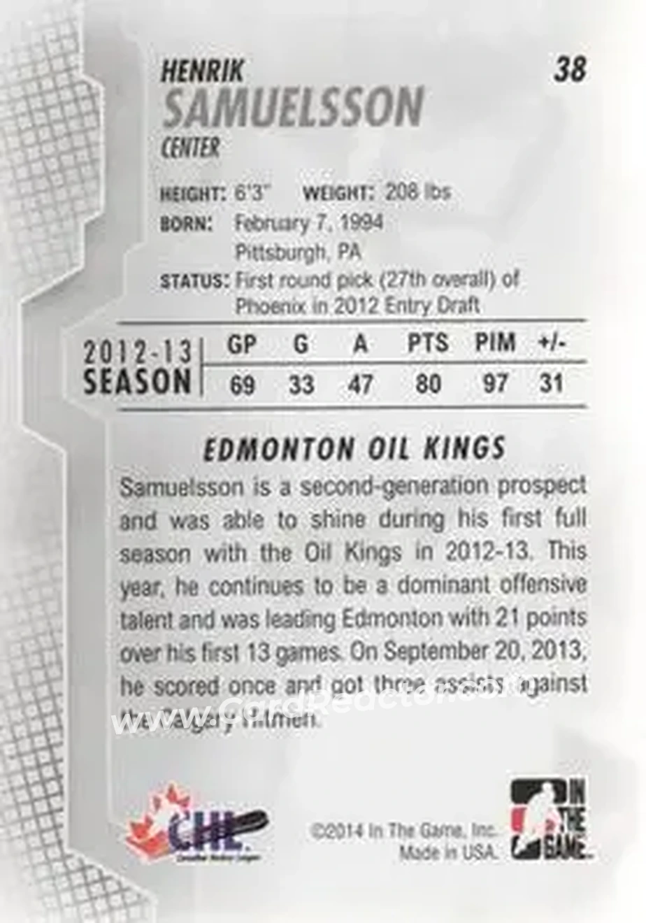 2013-14 In The Game Heroes and Prospects #38 - Henrik Samuelsson - Edmonton Oil Kings - Back