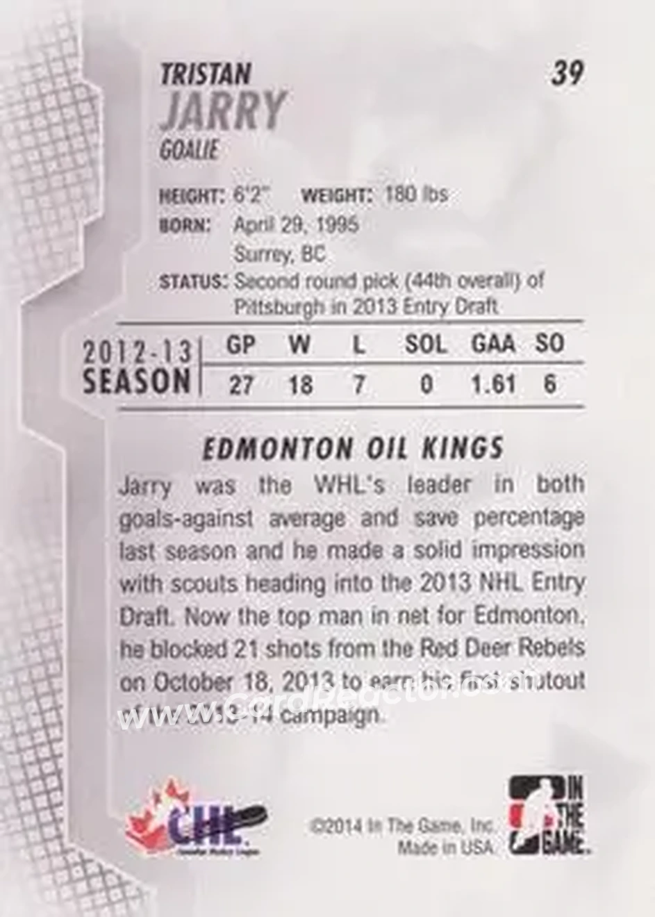 2013-14 In The Game Heroes and Prospects #39 - Tristan Jarry - Edmonton Oil Kings - Back