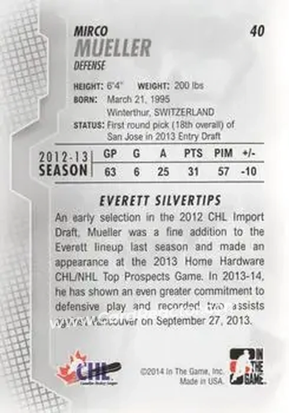 2013-14 In The Game Heroes and Prospects #40 - Mirco Mueller - Everett Silvertips - Back
