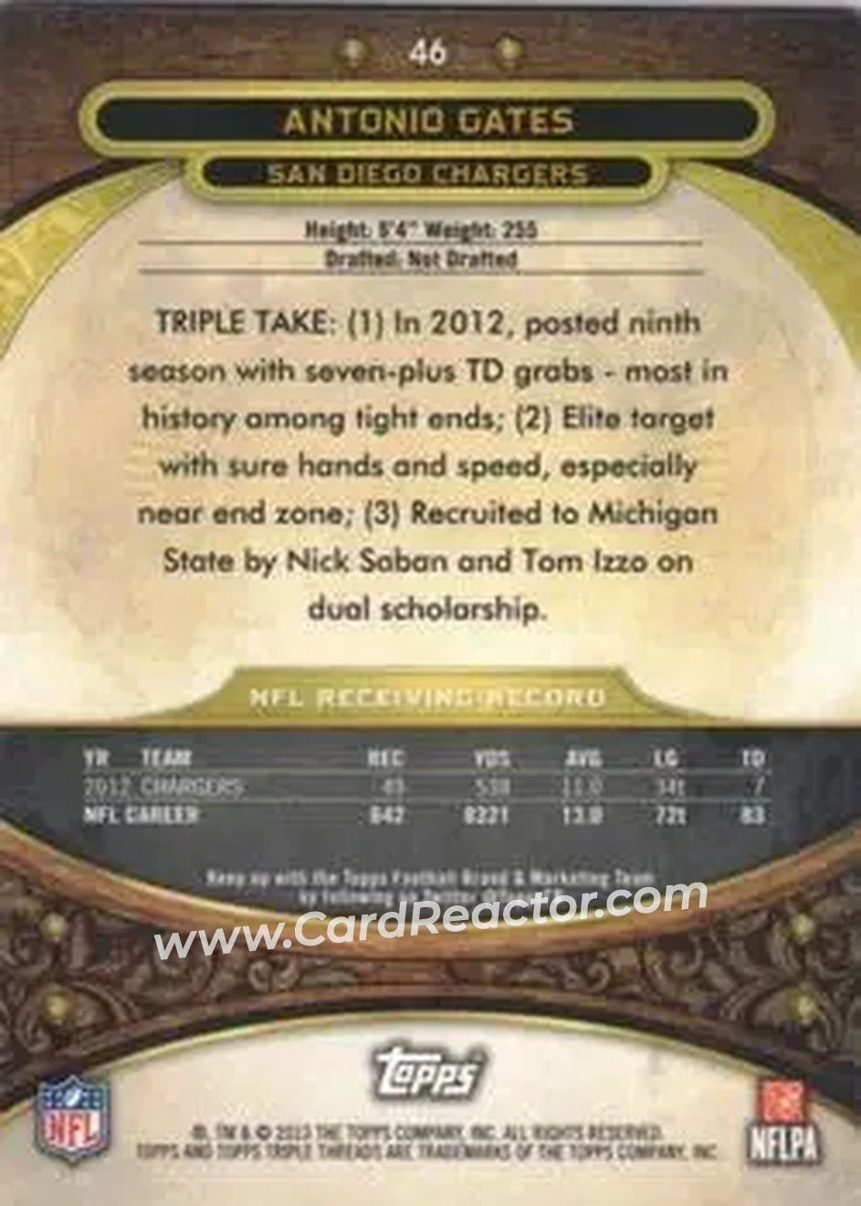 2013 Topps Triple Threads - Purple #46 - Antonio Gates - San Diego Chargers - Back