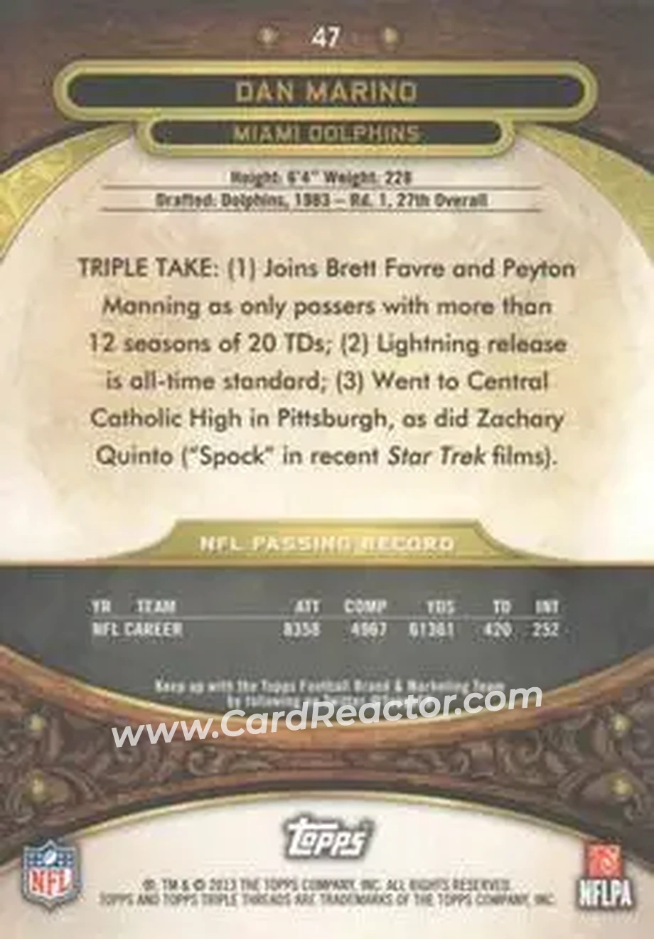 2013 Topps Triple Threads - Purple #47 - Dan Marino - Miami Dolphins - Back