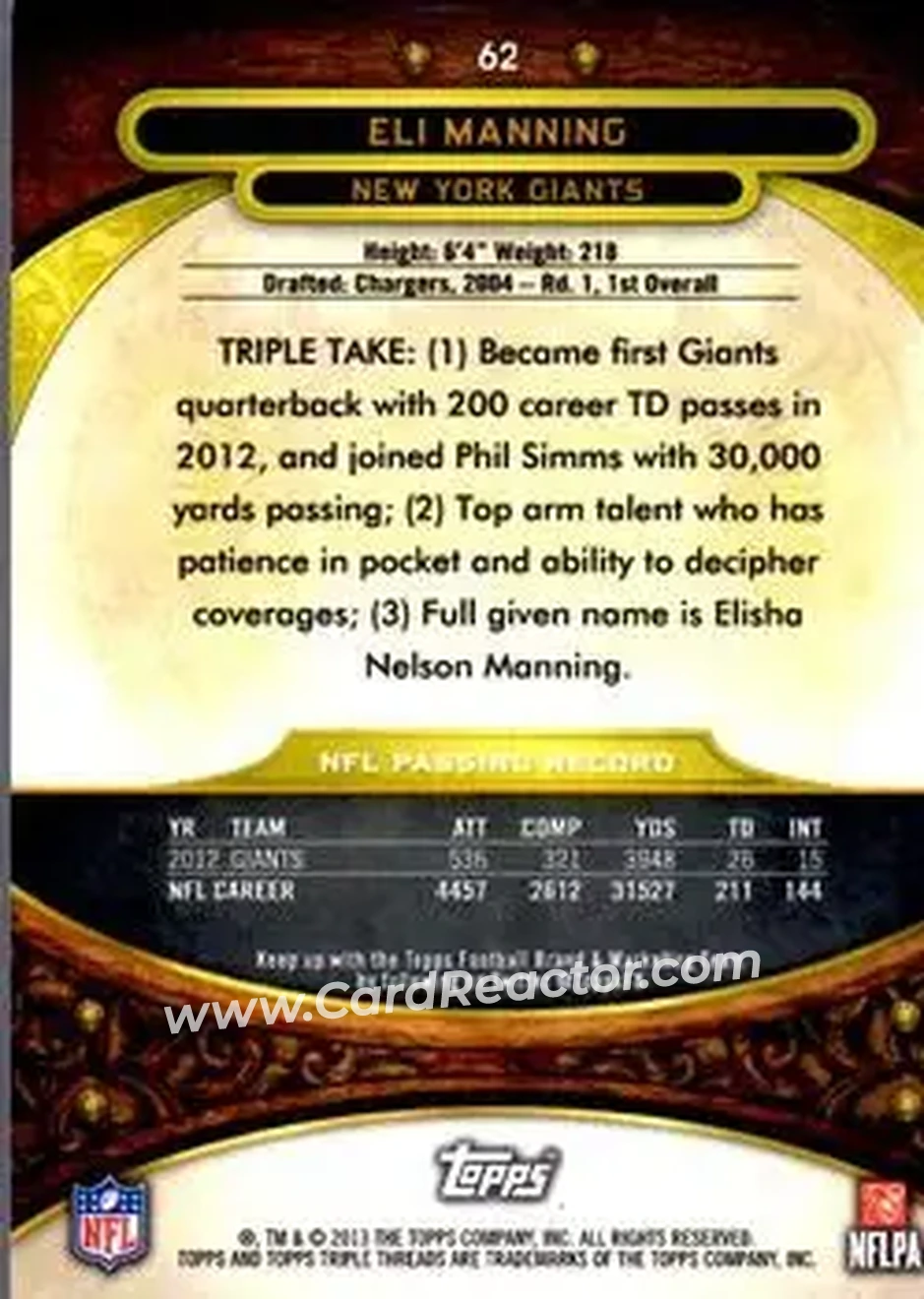 2013 Topps Triple Threads - Purple #62 - Eli Manning - New York Giants - Back