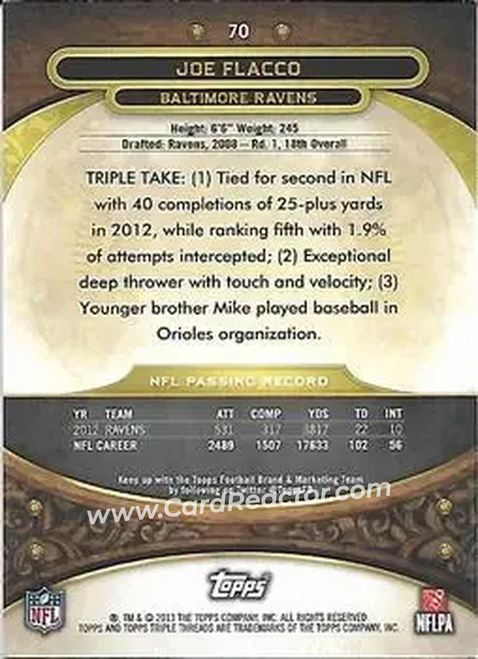 2013 Topps Triple Threads - Purple #70 - Joe Flacco - Baltimore Ravens - Back