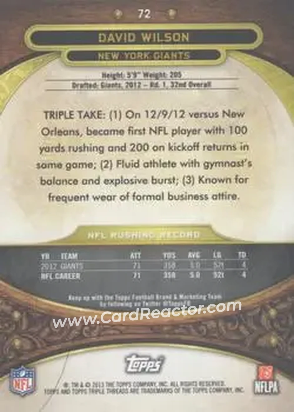 2013 Topps Triple Threads - Purple #72 - David Wilson - New York Giants - Back