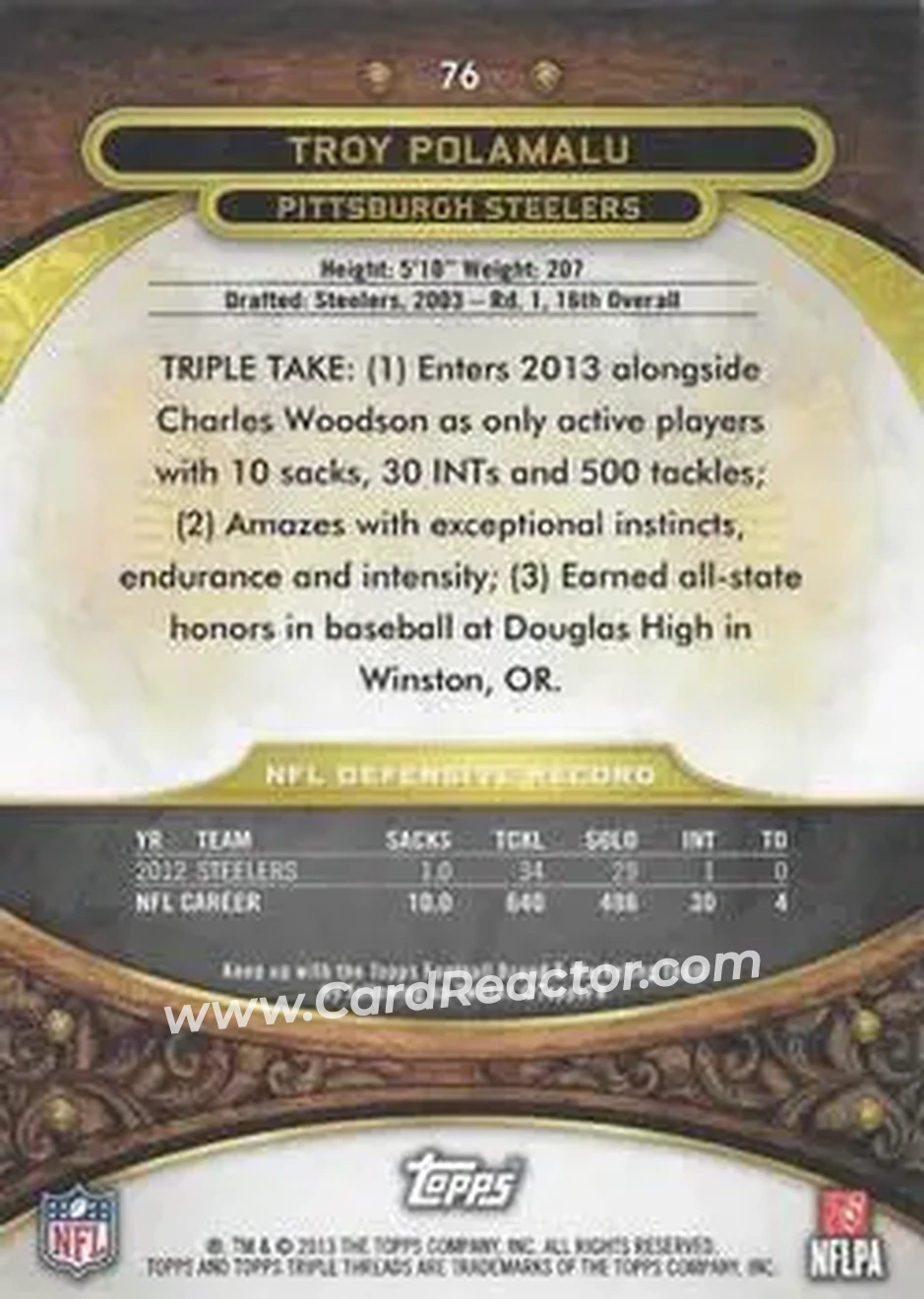 2013 Topps Triple Threads - Purple #76 - Troy Polamalu - Pittsburgh Steelers - Back