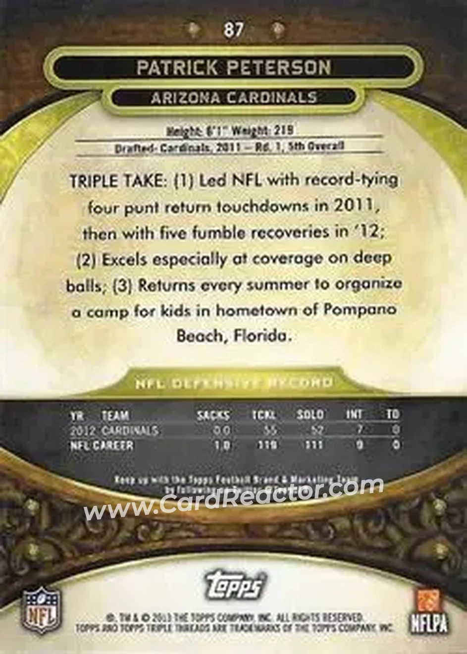 2013 Topps Triple Threads - Purple #87 - Patrick Peterson - Arizona Cardinals - Back 2013 Topps Triple Threads - Purple #87 - Patrick Peterson - Arizona Cardinals - Back