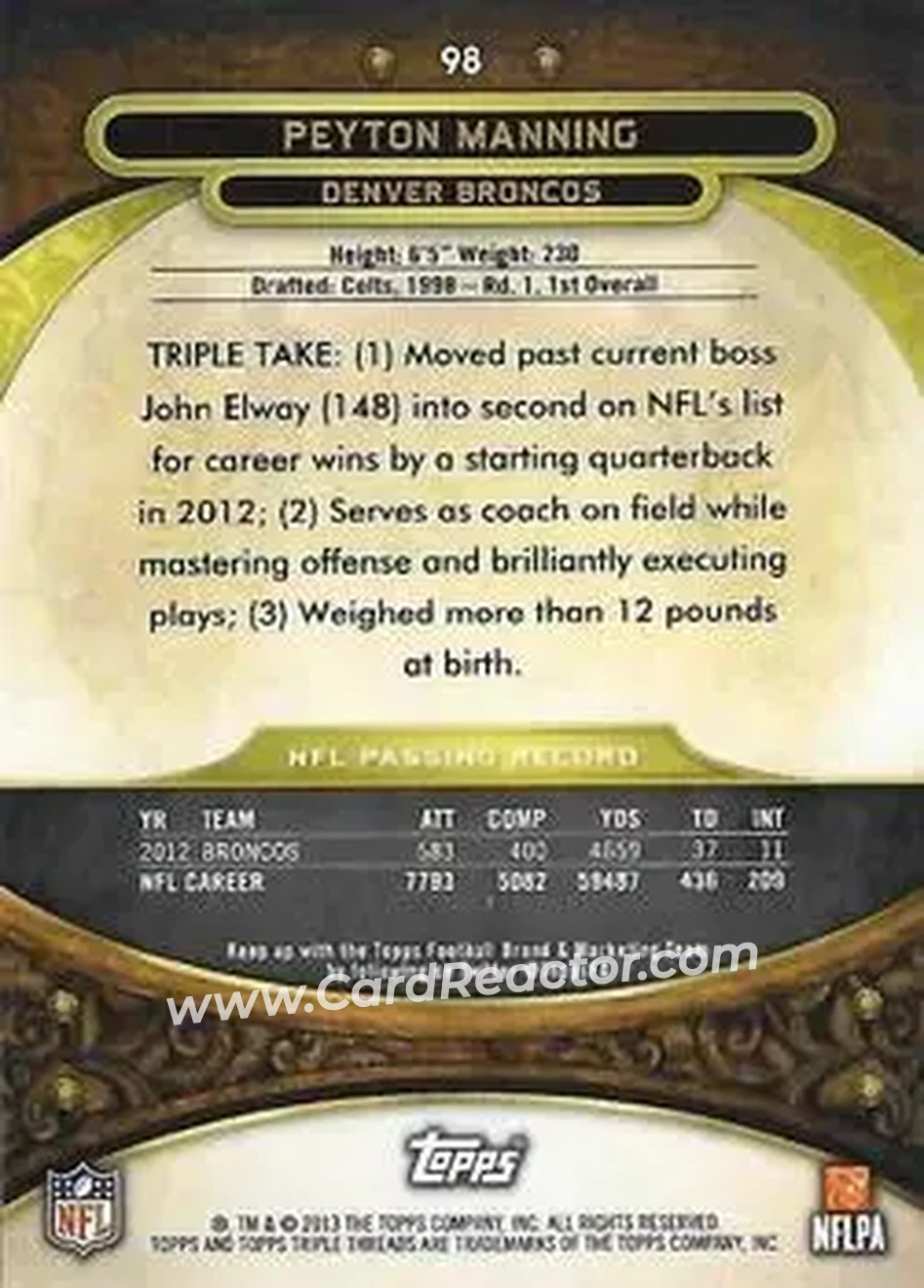 2013 Topps Triple Threads - Purple #98 - Peyton Manning - Denver Broncos - Back