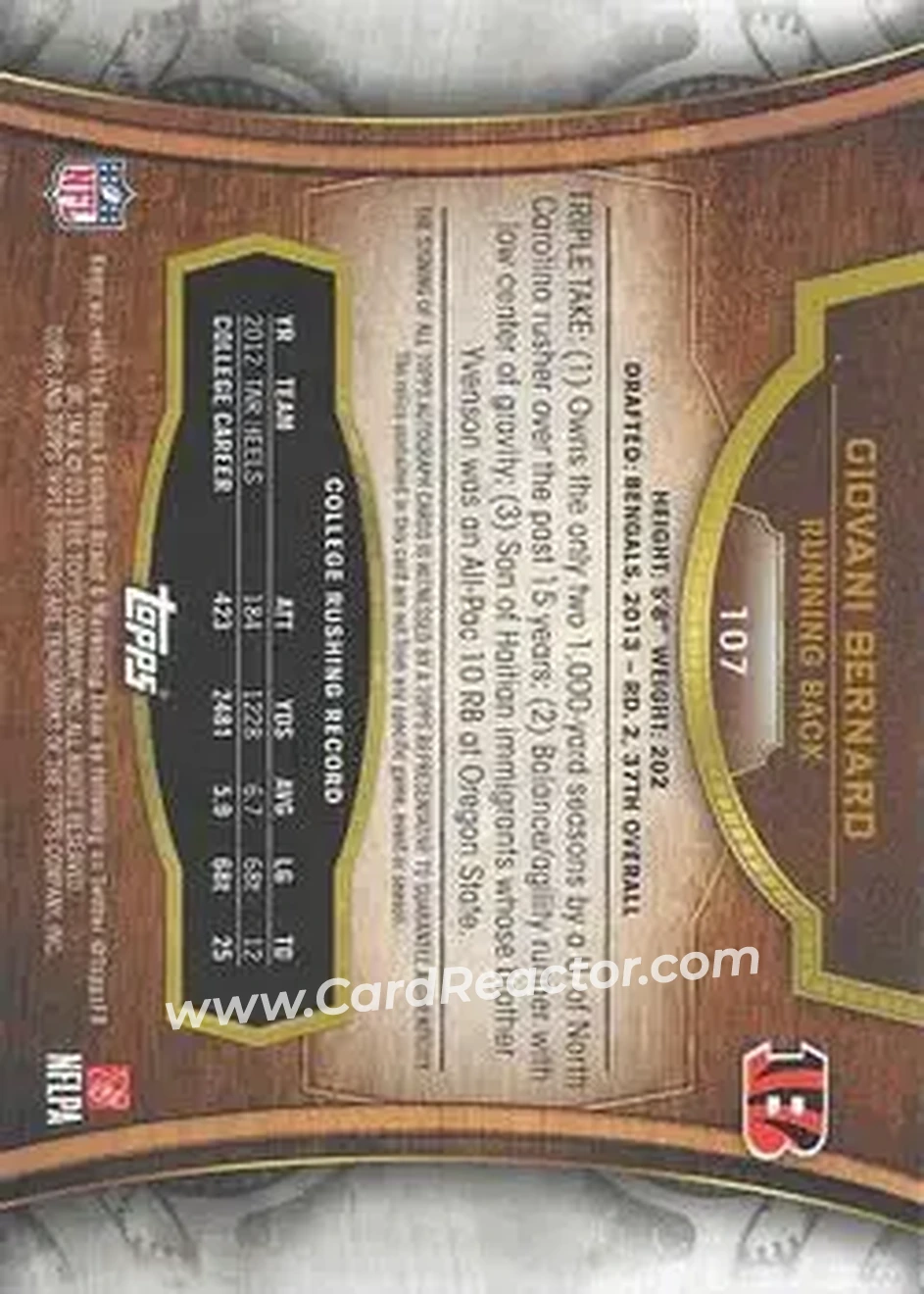 2013 Topps Triple Threads - Purple #107 - Giovani Bernard - Cincinnati Bengals - Back