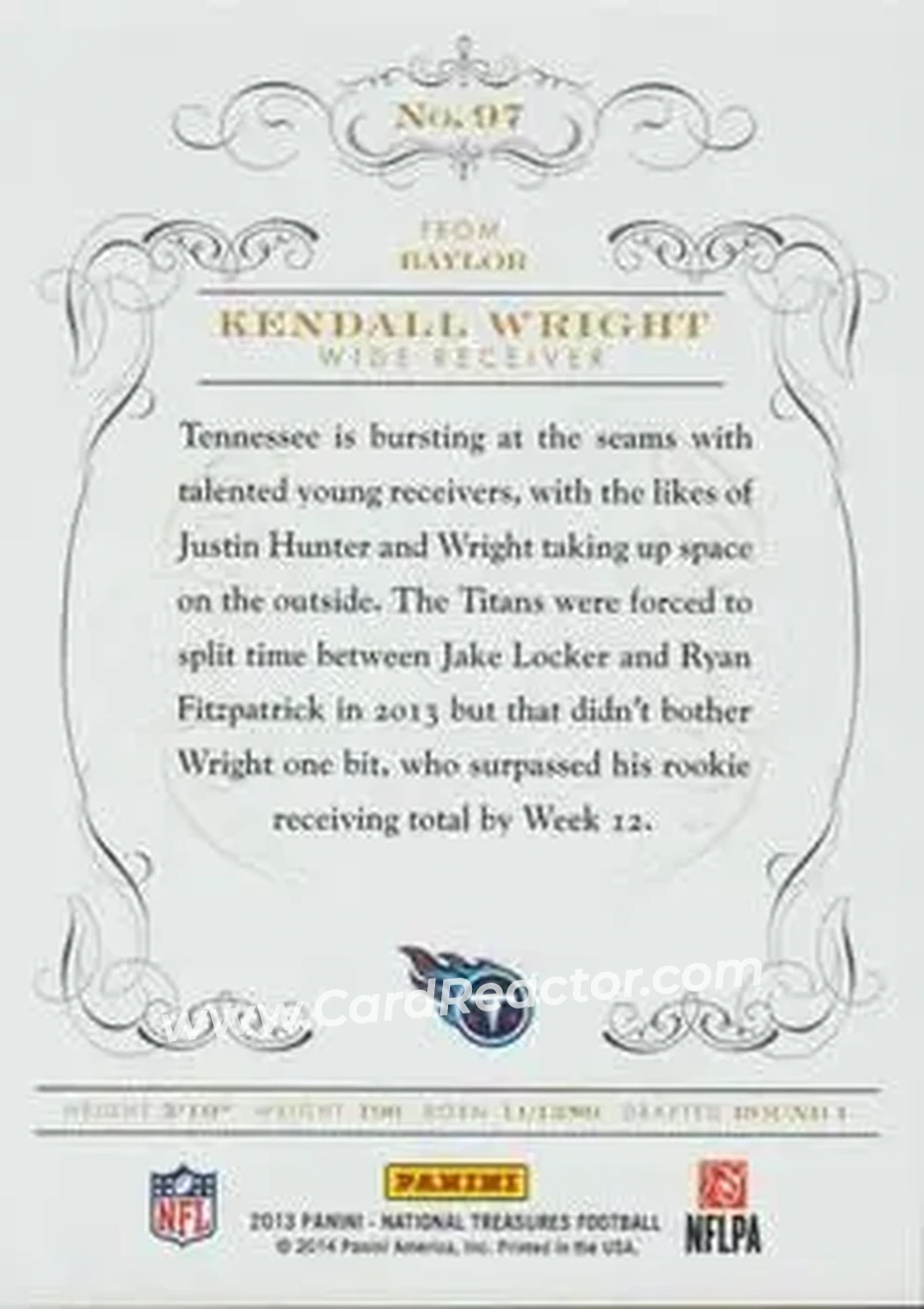 2013 Panini National Treasures - Century Silver #97 - Kendall Wright - Tennessee Titans - Back