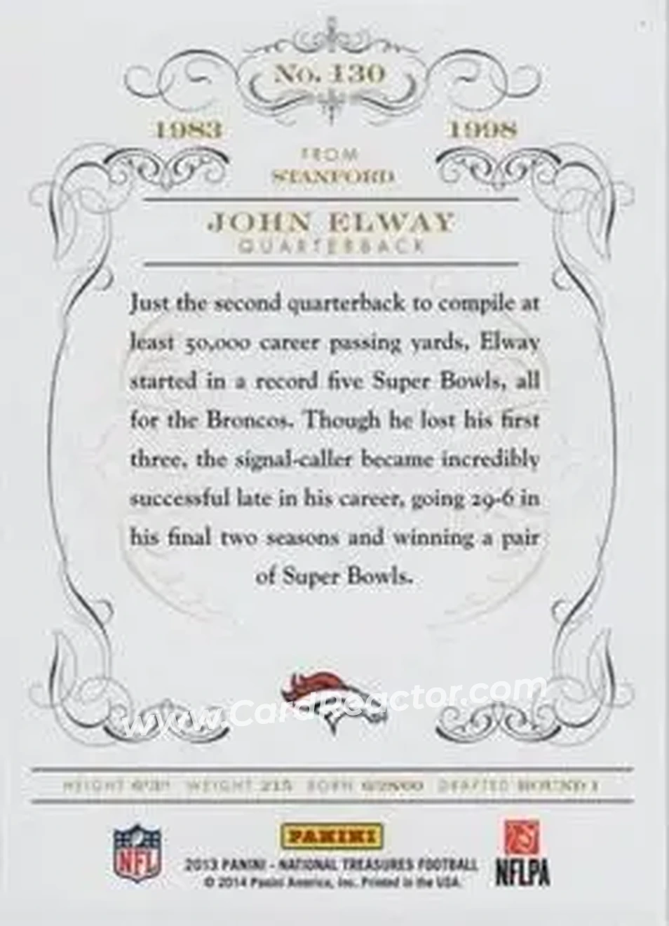 2013 Panini National Treasures - Century Silver #130 - John Elway - Denver Broncos - Back