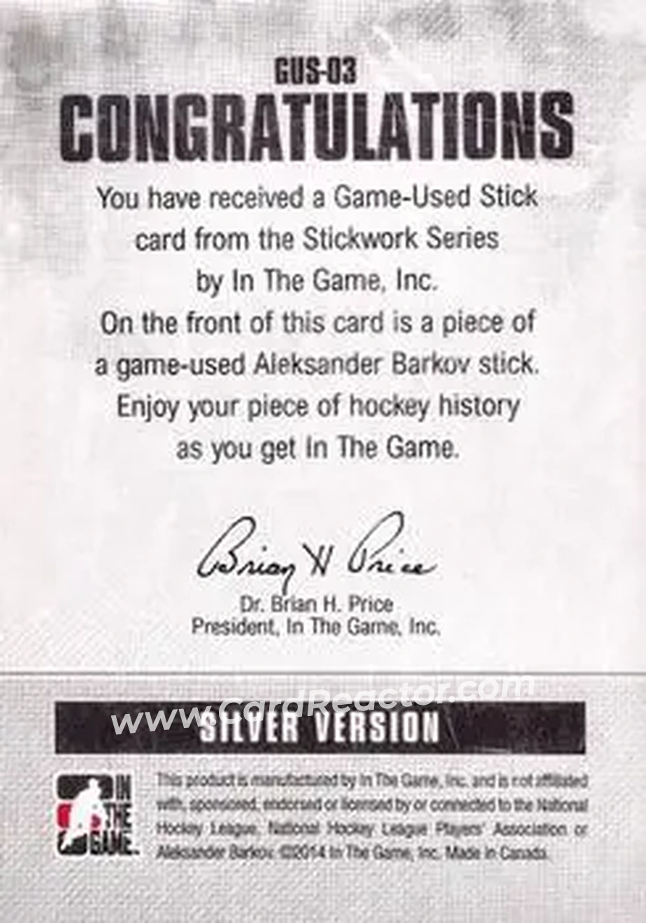 2013-14 In The Game StickWork #GUS-03 - Aleksander Barkov - Florida Panthers - Back