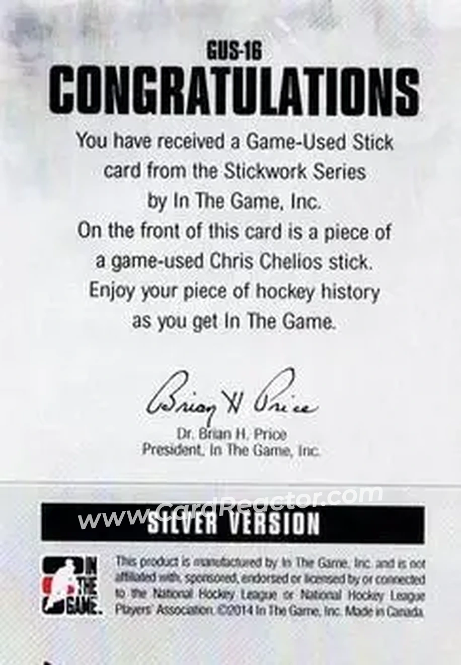 2013-14 In The Game StickWork #GUS-16 - Chris Chelios - Detroit Red Wings - Back