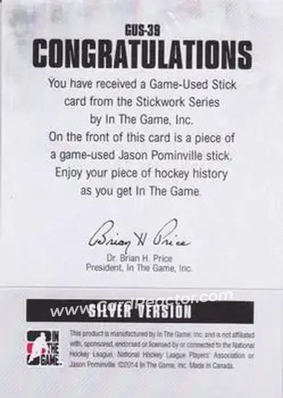 2013-14 In The Game StickWork #GUS-39 - Jason Pominville - Back