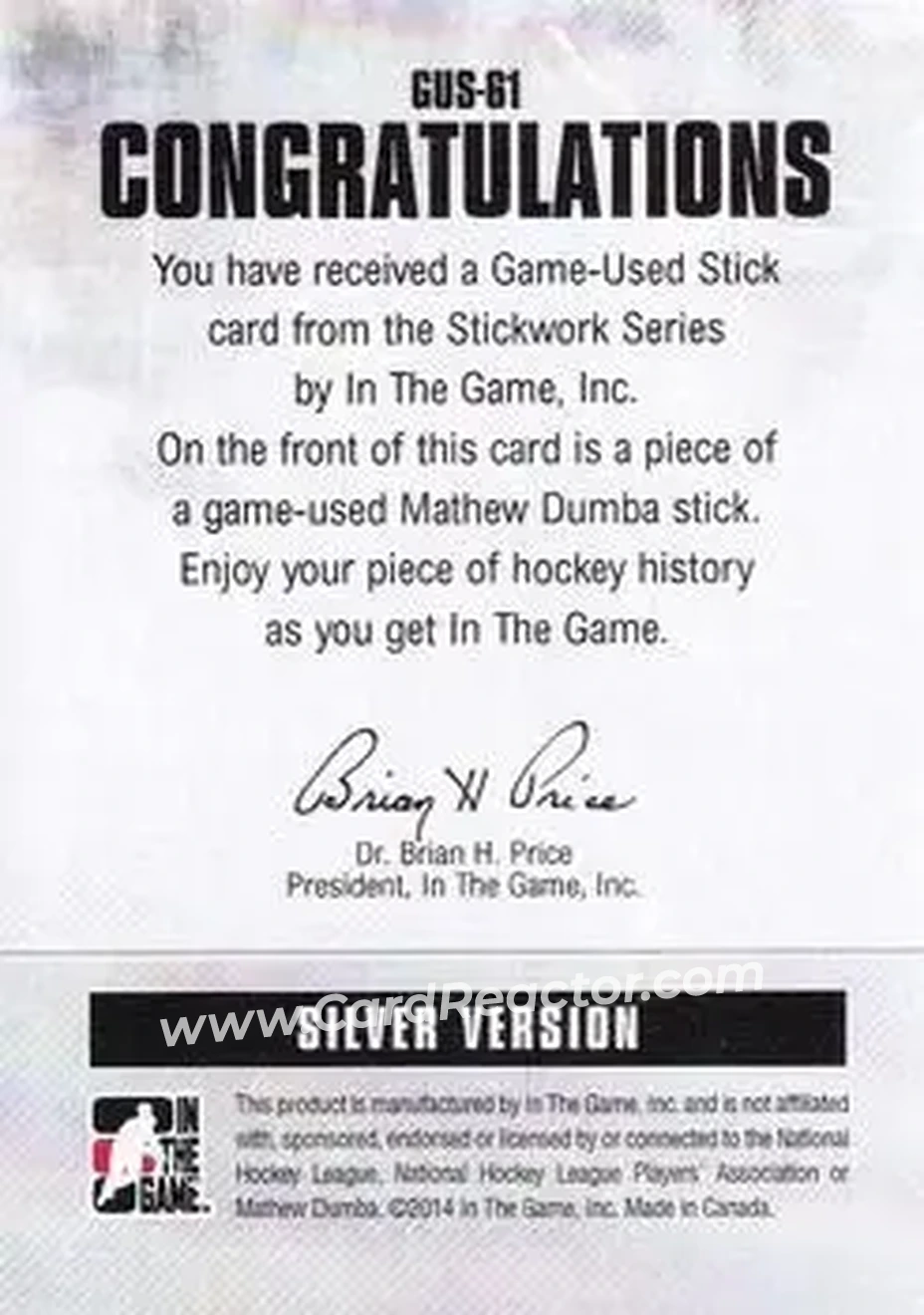 2013-14 In The Game StickWork #GUS-61 - Matt Dumba - Back