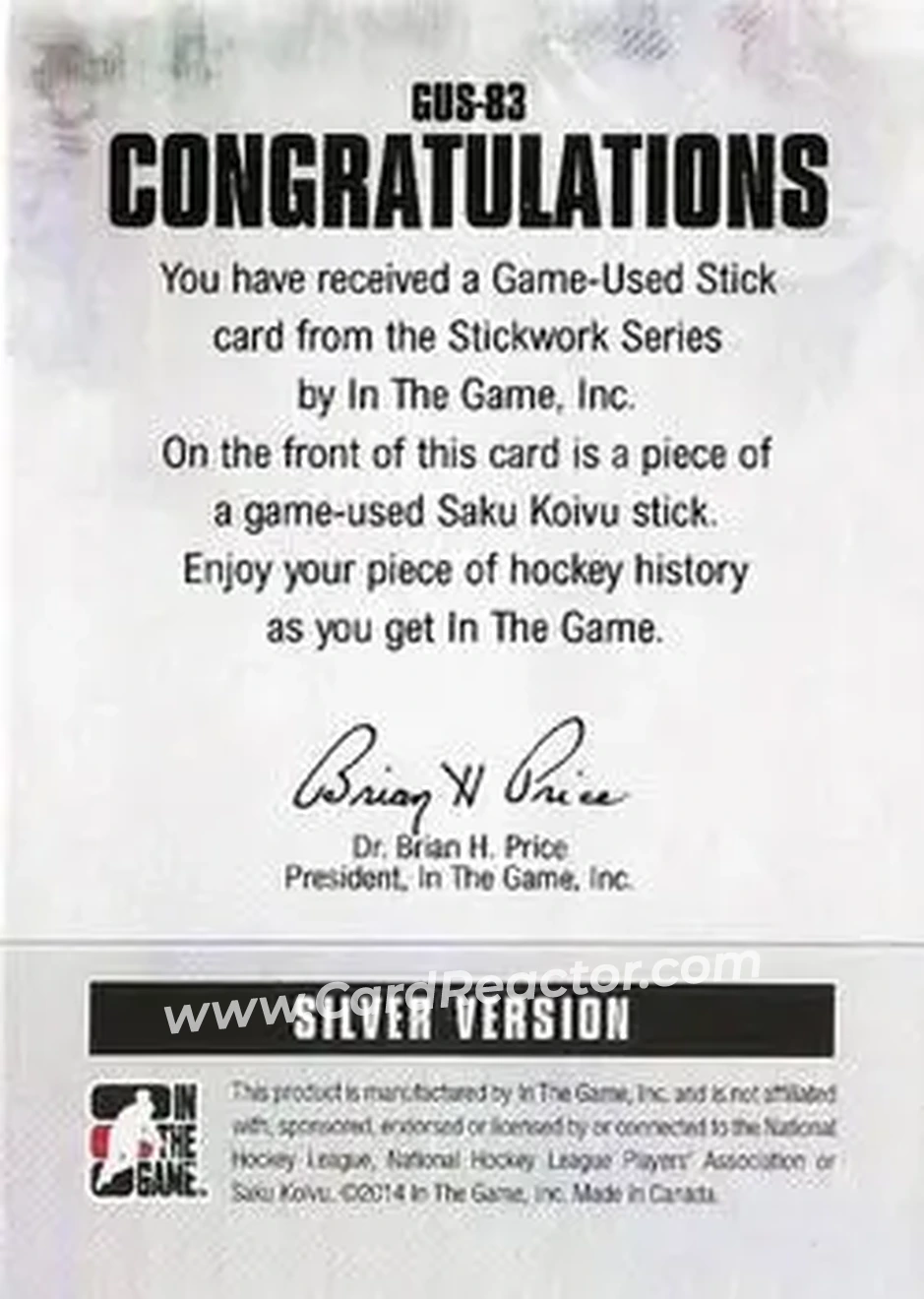 2013-14 In The Game StickWork #GUS-83 - Saku Koivu - Anaheim Ducks - Back