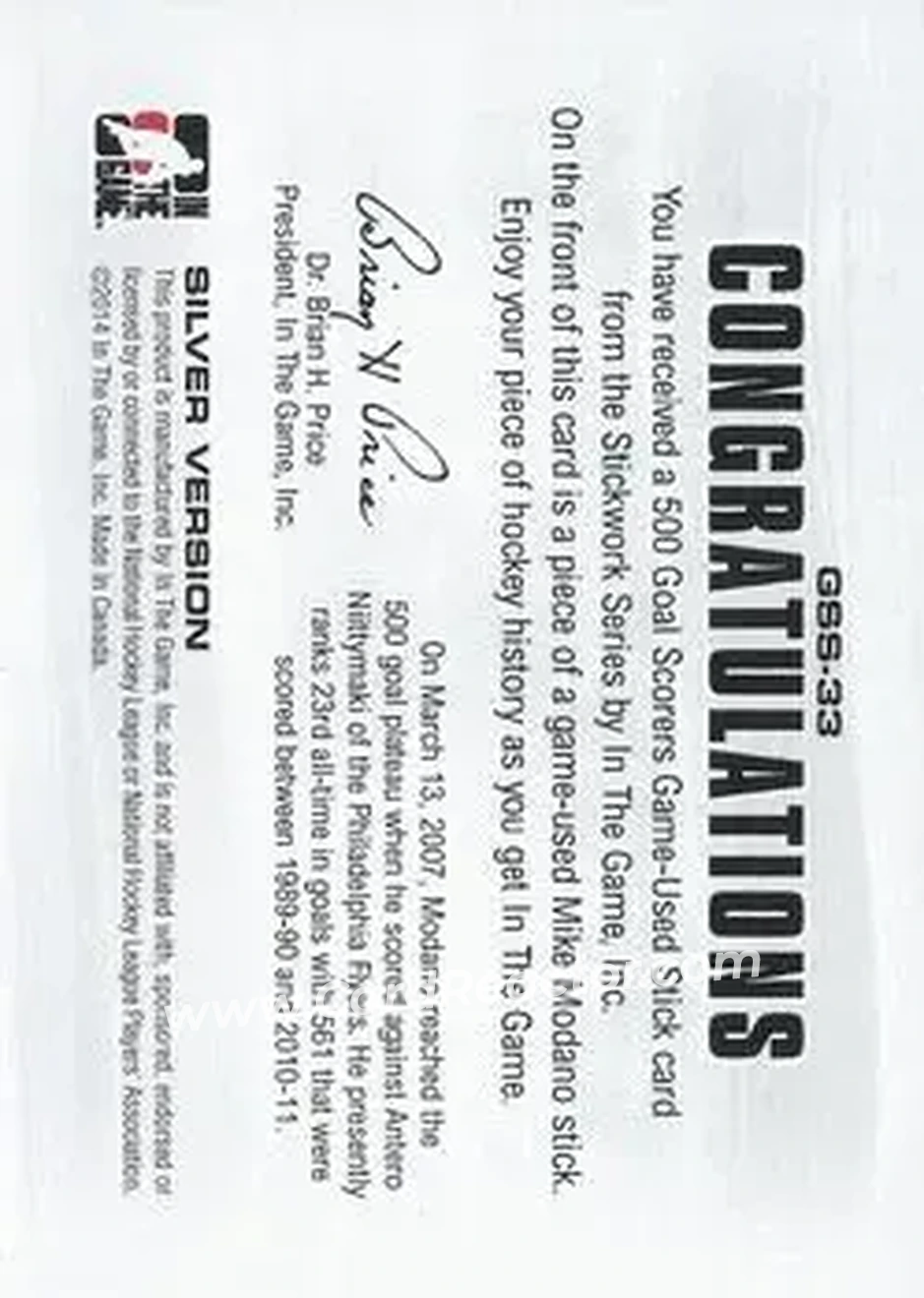 2013-14 In The Game StickWork - 500 Goal Scorers Silver #GSS-33 - Mike Modano - Dallas Stars - Back