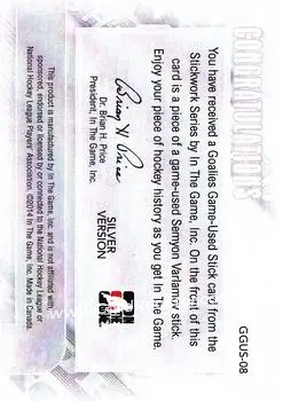 2013-14 In The Game StickWork - Game Used Goalie Sticks Silver #GGUS-08 - Semyon Varlamov - Colorado Avalanche - Back