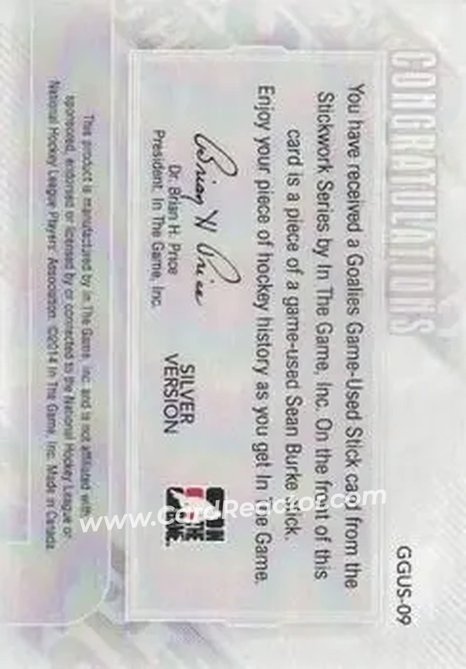 2013-14 In The Game StickWork - Game Used Goalie Sticks Silver #GGUS-09 - Sean Burke - Hartford Whalers - Back