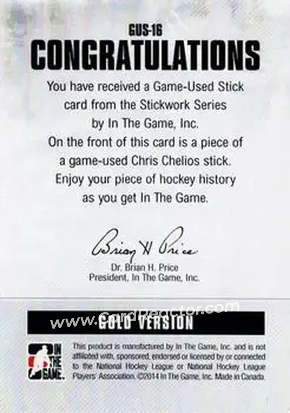 2013-14 In The Game StickWork - Game Used Sticks Gold #GUS-16 - Chris Chelios - Detroit Red Wings - Back