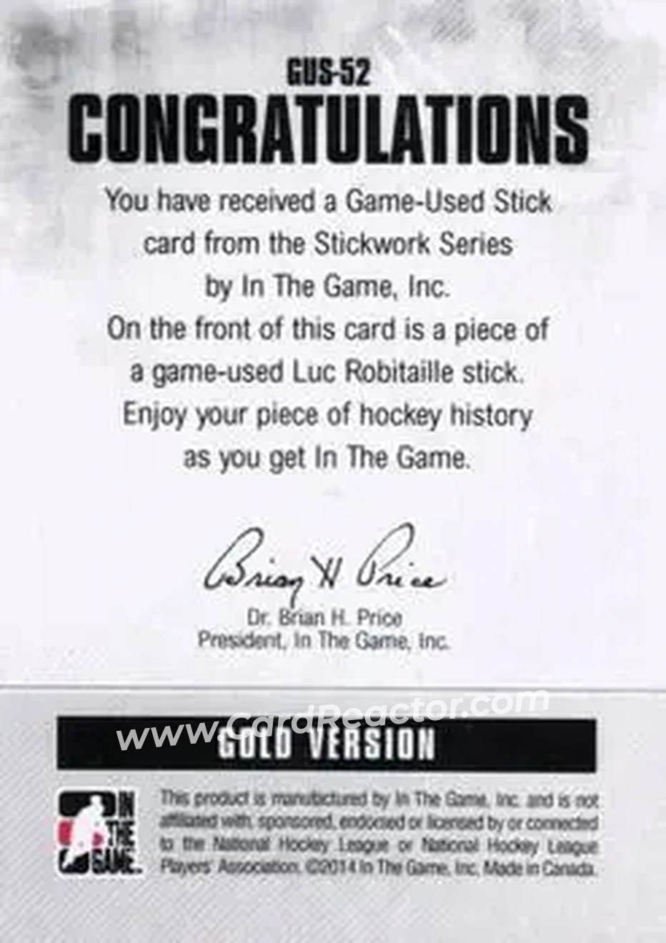 2013-14 In The Game StickWork - Game Used Sticks Gold #GUS-52 - Luc Robitaille - Detroit Red Wings - Back