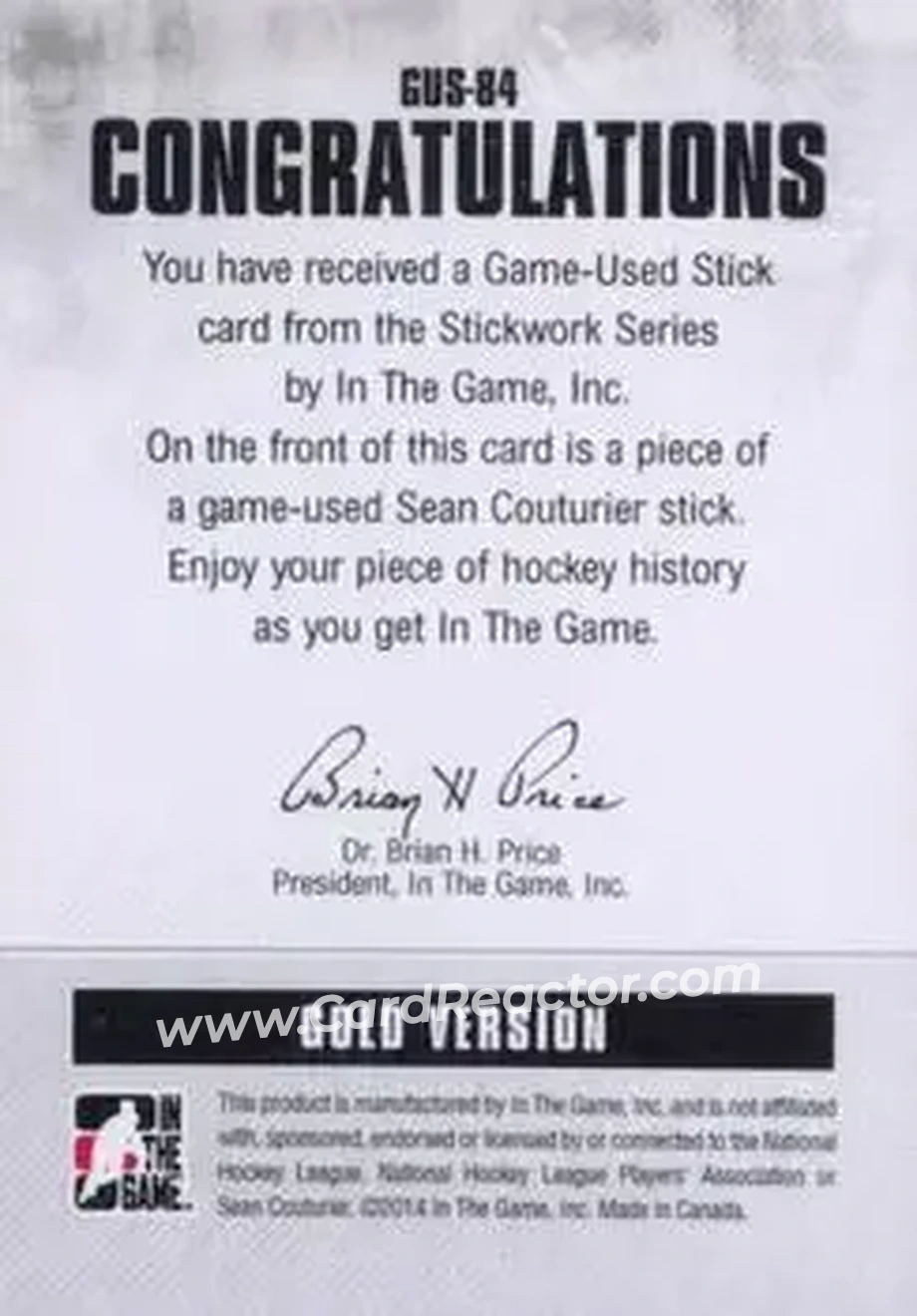 2013-14 In The Game StickWork - Game Used Sticks Gold #GUS-84 - Sean Couturier - Philadelphia Flyers - Back