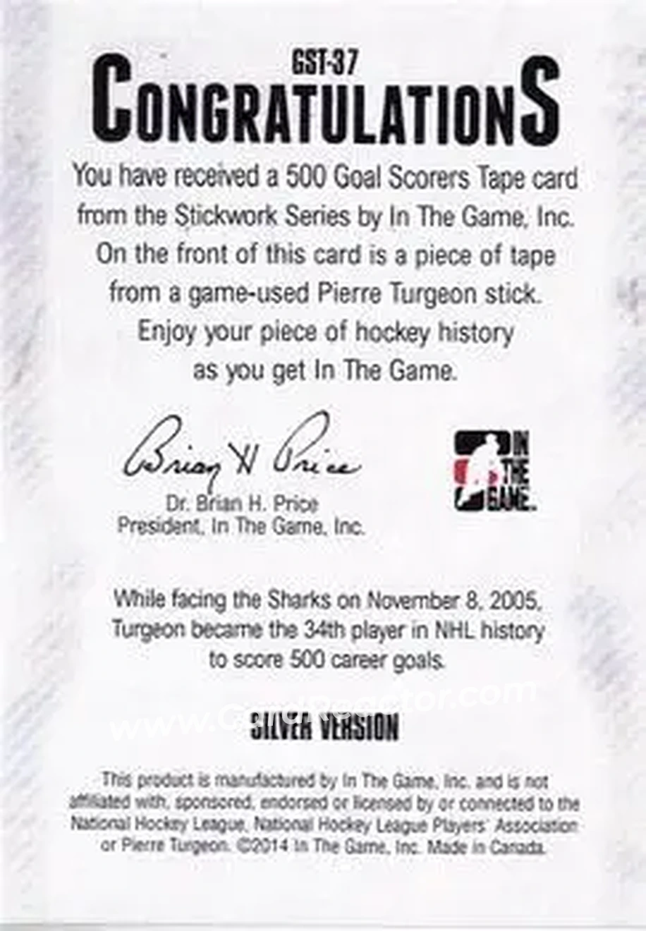 2013-14 In The Game StickWork - 500 Goal Scorer Tape Silver #GST-37 - Pierre Turgeon - Colorado Avalanche - Back