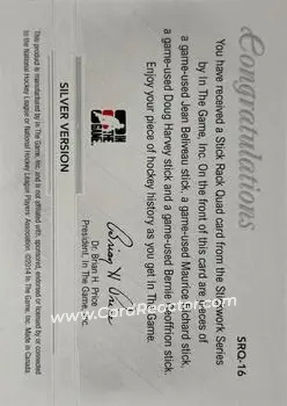 2013-14 In The Game StickWork - Stickrack Quad Silver #SRQ-16 - Jean Beliveau - Maurice Richard - Doug Harvey - Bernie Geoffrion MEM, PR9 - Montreal Canadiens - Montreal Canadiens - Back 2013-14 In The Game StickWork - Stickrack Quad Silver #SRQ-16 - Jean Beliveau - Maurice Richard - Doug Harvey - Bernie Geoffrion MEM, PR9 - Montreal Canadiens - Montreal Canadiens - Back