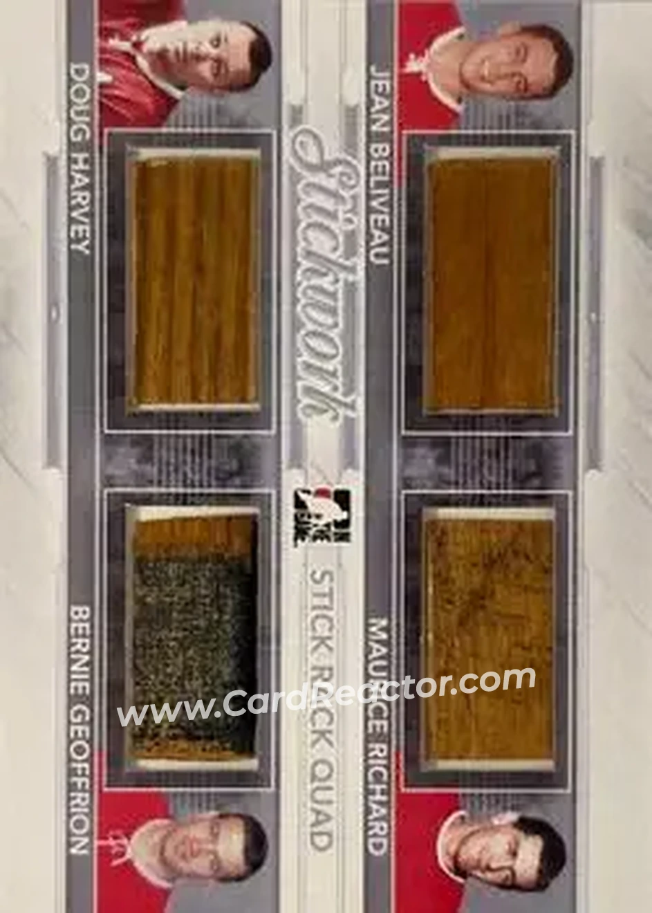 2013-14 In The Game StickWork - Stickrack Quad Silver #SRQ-16 - Jean Beliveau - Maurice Richard - Doug Harvey - Bernie Geoffrion MEM, PR9 - Montreal Canadiens - Montreal Canadiens - Front 2013-14 In The Game StickWork - Stickrack Quad Silver #SRQ-16 - Jean Beliveau - Maurice Richard - Doug Harvey - Bernie Geoffrion MEM, PR9 - Montreal Canadiens - Montreal Canadiens - Front