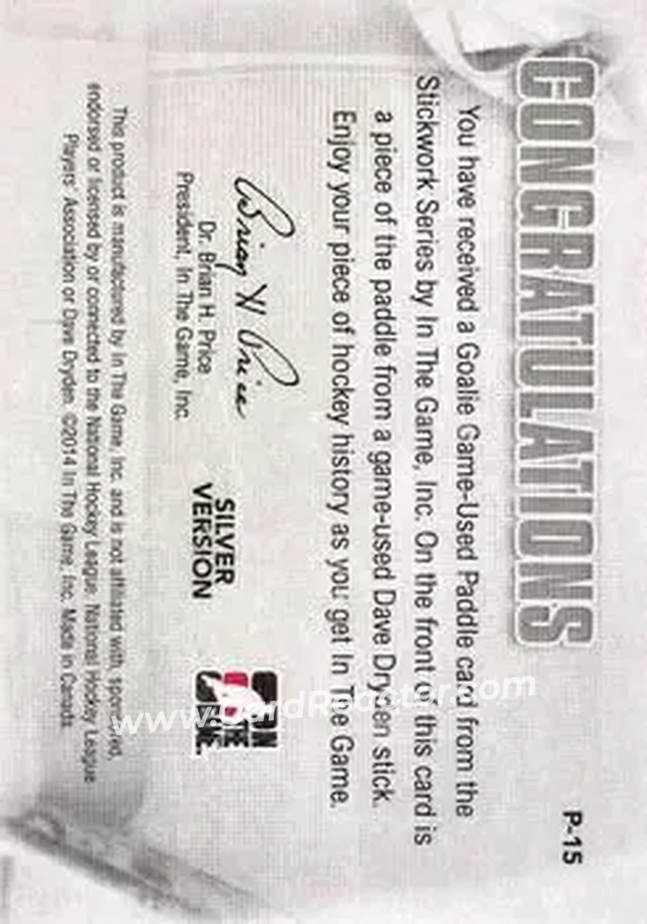 2013-14 In The Game StickWork - Game Used Goalie Paddles Silver #P-15 - Dave Dryden - Back