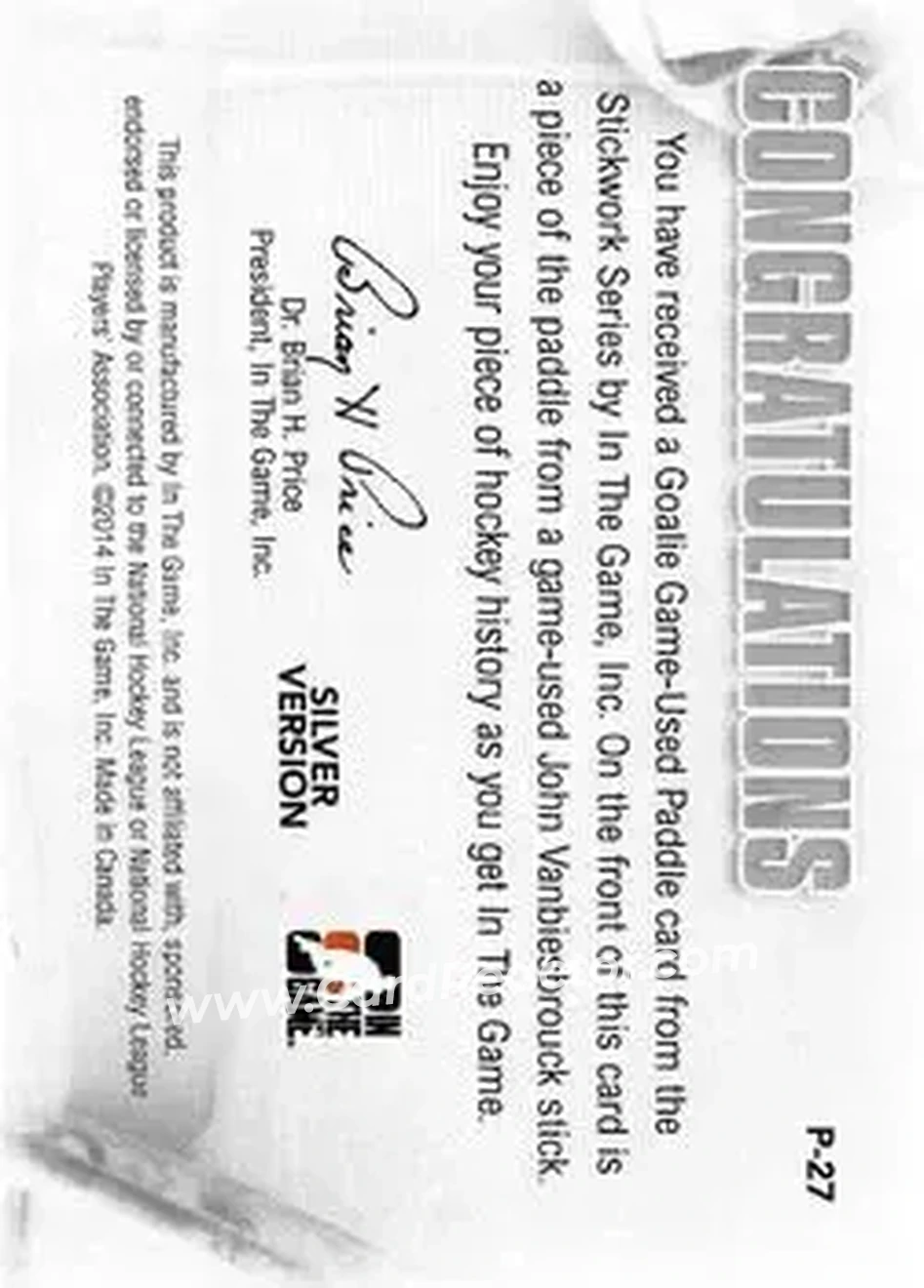 2013-14 In The Game StickWork - Game Used Goalie Paddles Silver #P-27 - John Vanbiesbrouck - Philadelphia Flyers - Back 2013-14 In The Game StickWork - Game Used Goalie Paddles Silver #P-27 - John Vanbiesbrouck - Philadelphia Flyers - Back