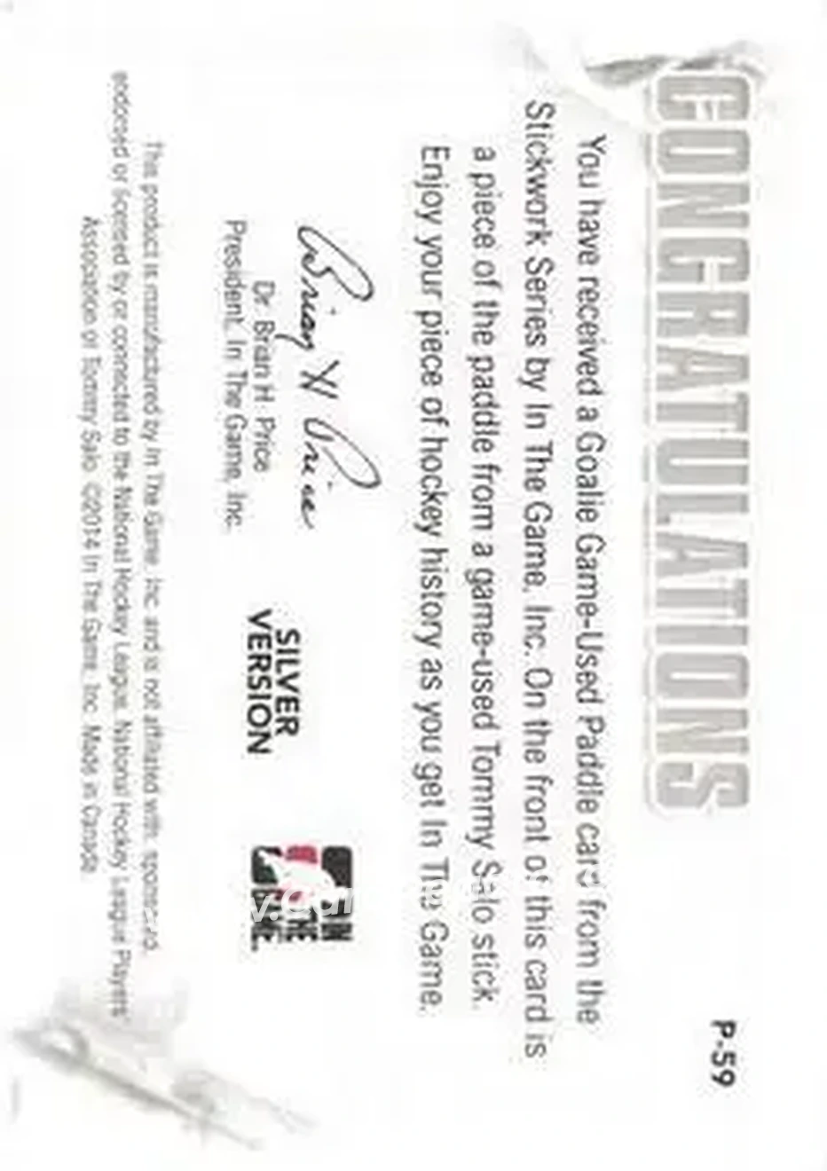 2013-14 In The Game StickWork - Game Used Goalie Paddles Silver #P-59 - Tommy Salo - Back