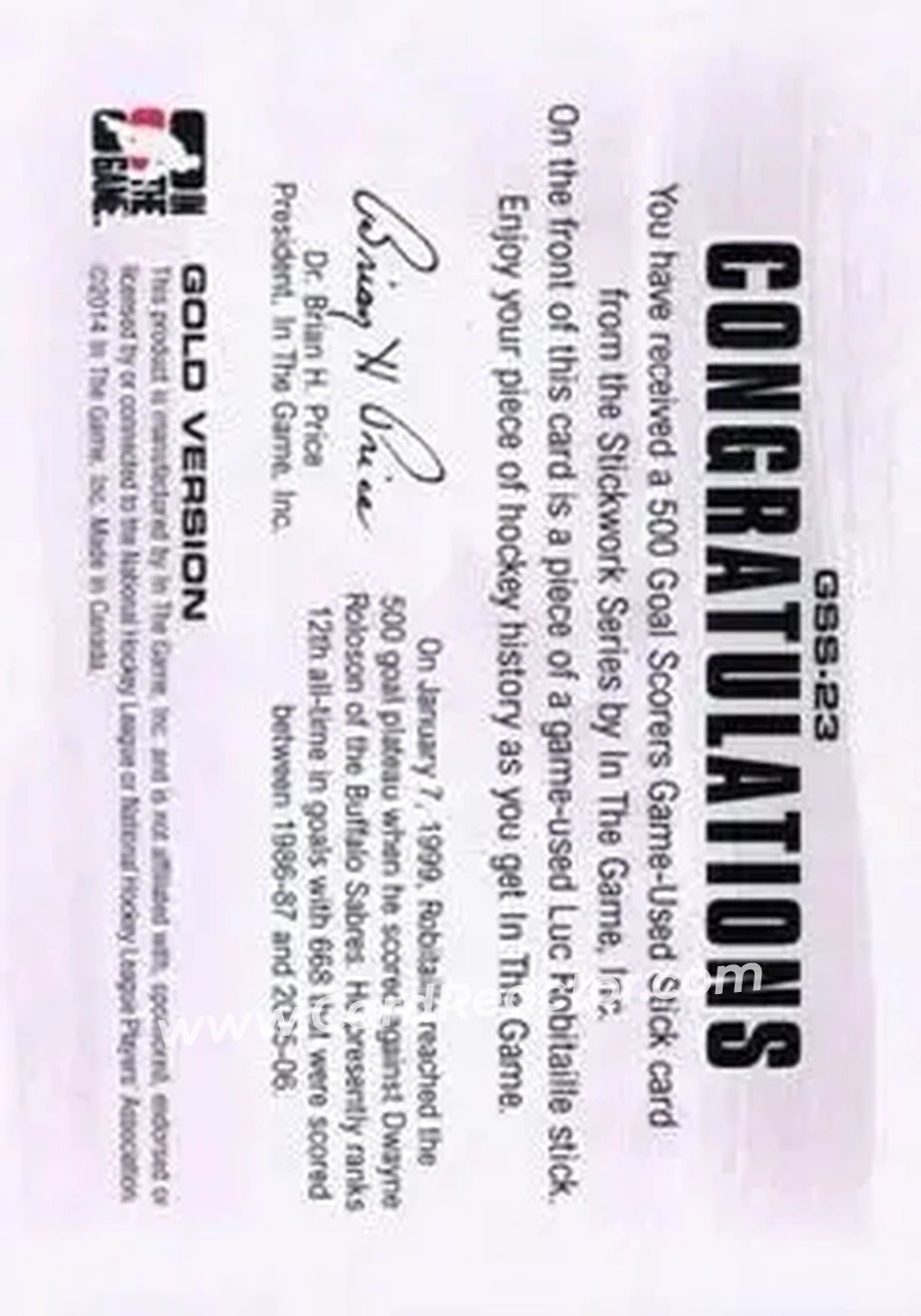 2013-14 In The Game StickWork - 500 Goal Scorers Gold #GSS-23 - Luc Robitaille - Los Angeles Kings - Back