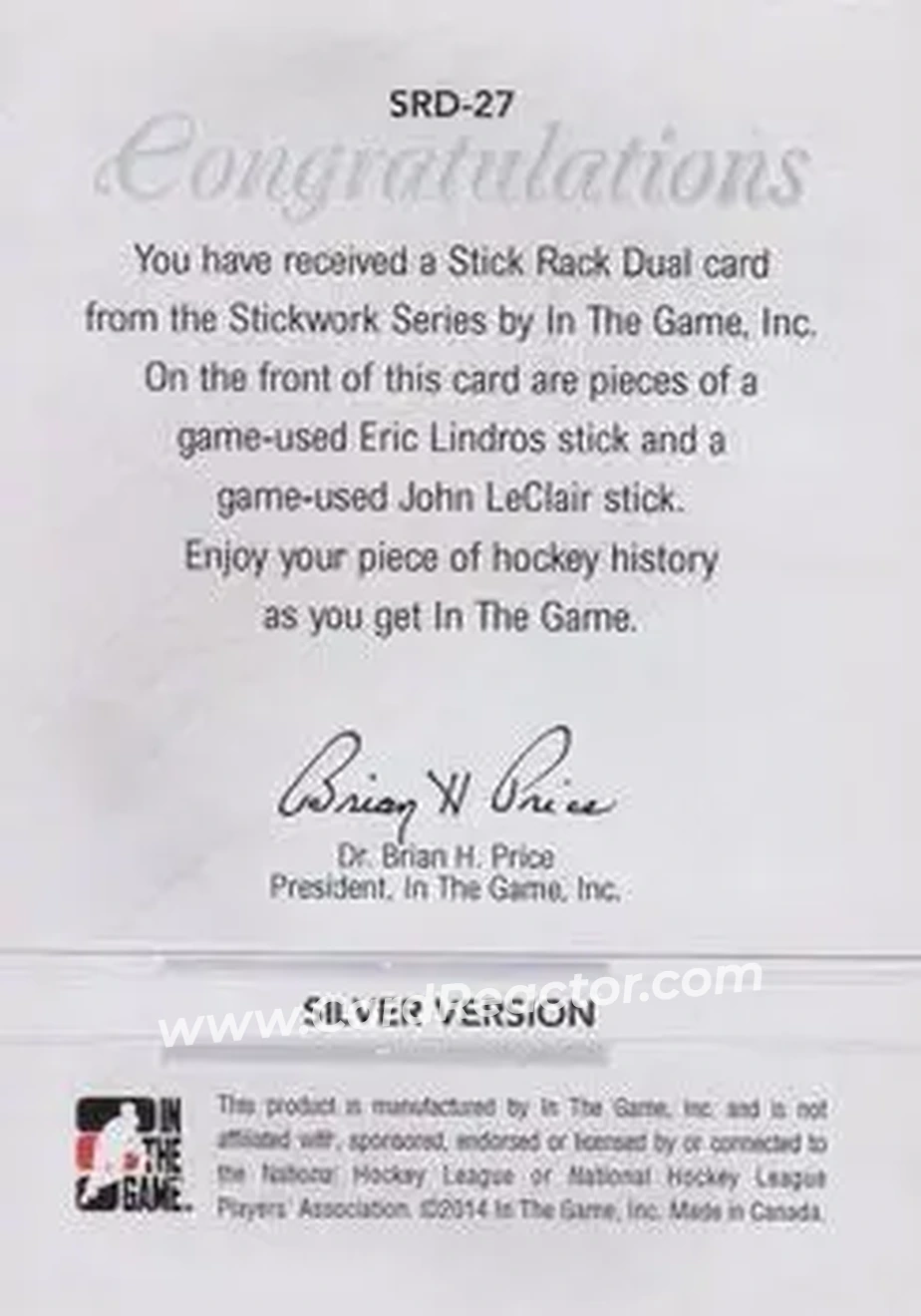 2013-14 In The Game StickWork - Stickrack Dual Silver #SRD-27 - Eric Lindros - John LeClair MEM, PR14 - Philadelphia Flyers - Philadelphia Flyers - Back